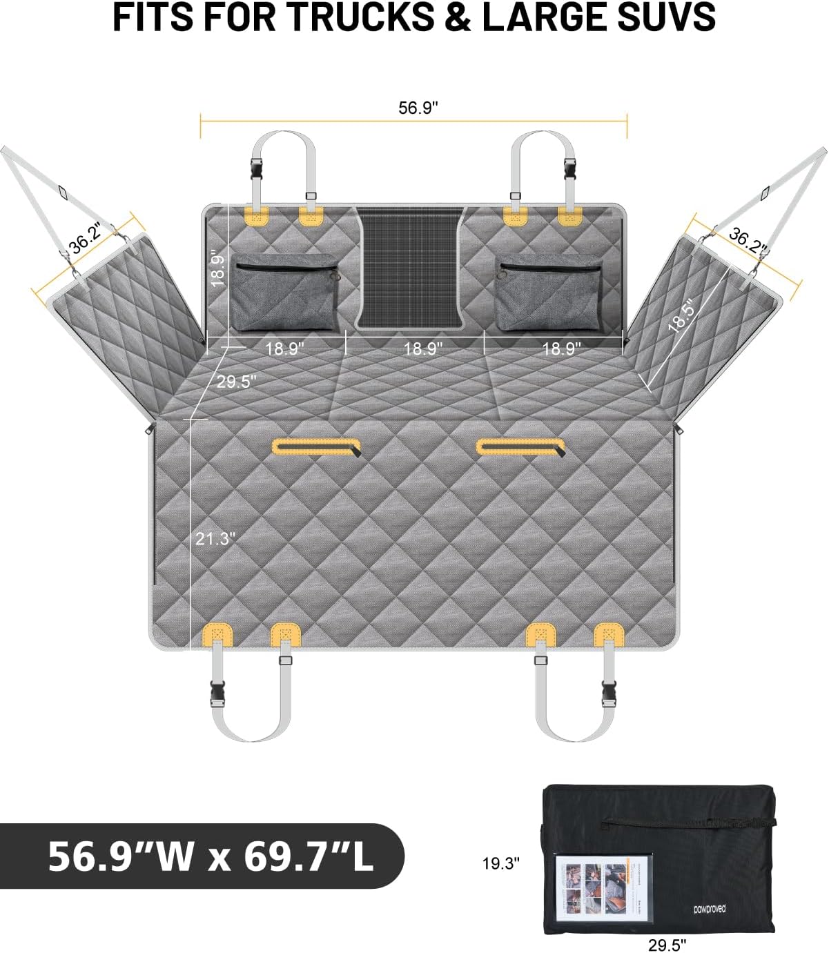 Back Seat Extender for Dog, Waterproof Dog Car Seat Cover for Back Seat, Hard Bottom Car Seat Cover, Large Space Hammock for Full-Size Crewcab Trucks, Pet Seat Cover Holds 450lbs(Grey)