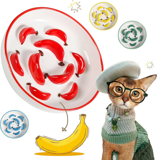 Ceramic Cat Slow Feeder Bowl - Vibrant Cat Feeding Bowl - Cute Maze Food Dish for Slow Eating - Dishwasher Safe - 6.3''W x 1.2''H - 7 OZ - Red