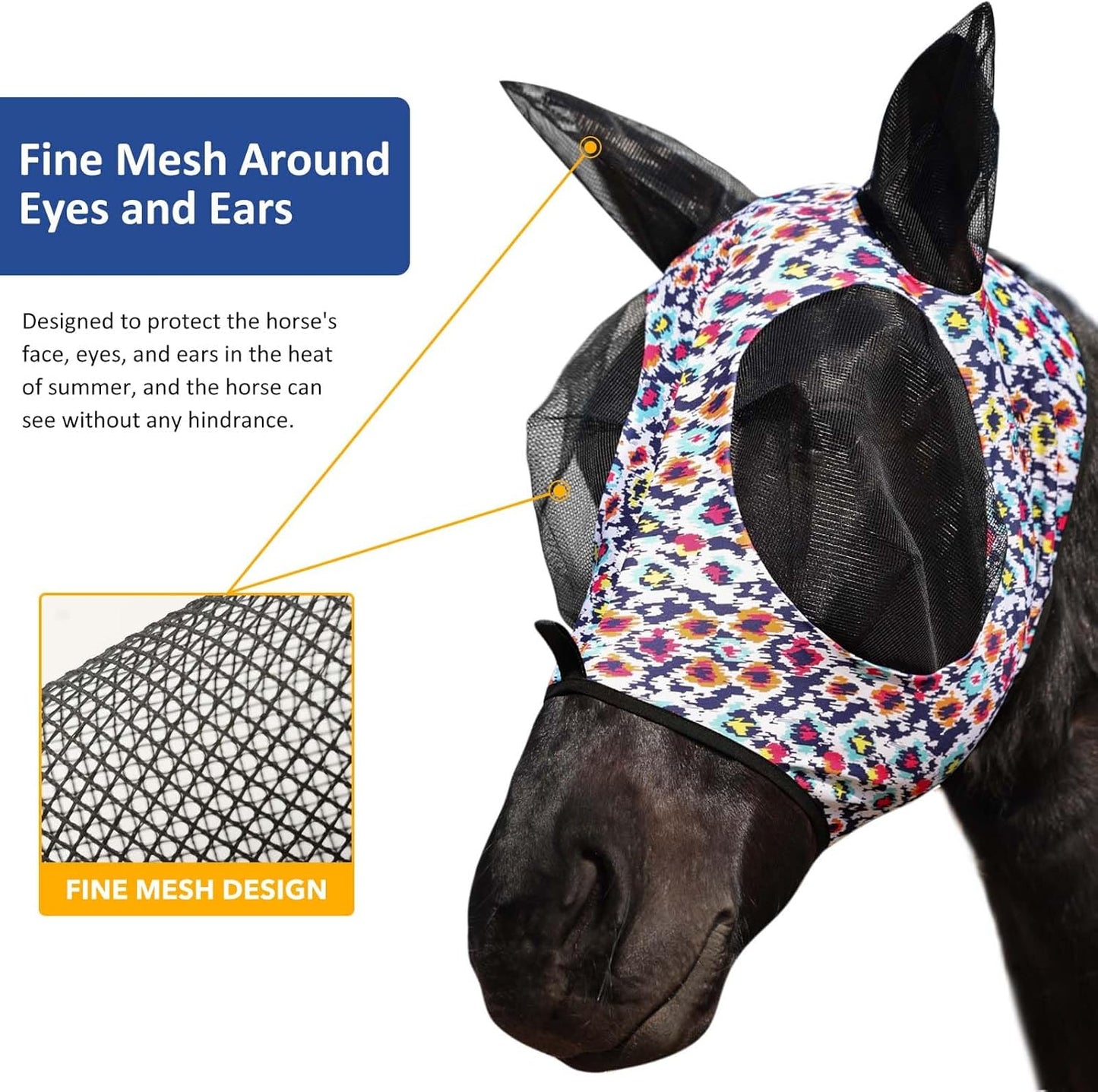 Harrison Howard Super Comfort Stretchy Fly Mask Large Eye Space with UV Protection Soft on Skin with Breathability Geo Feather S