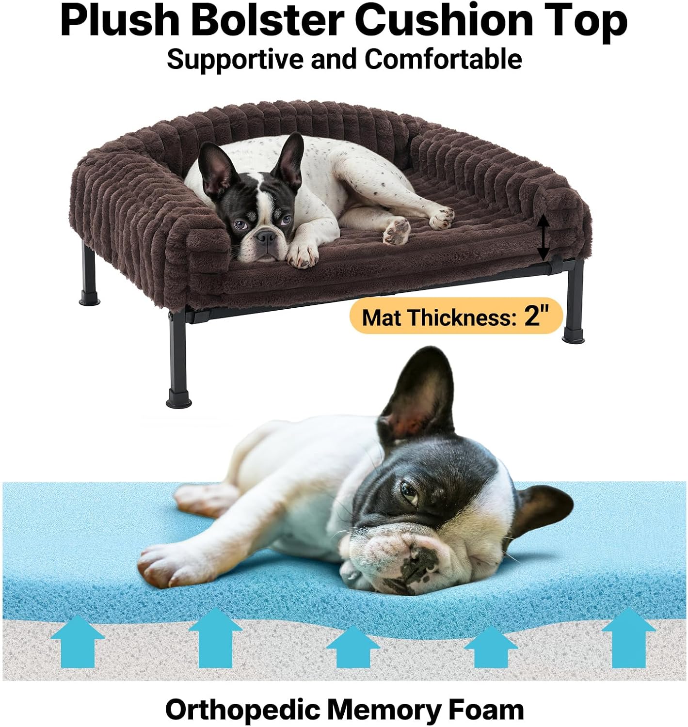 Veehoo Elevated Dog Bed with Bolster Cushion, Fluffy Plush Dog Couch Beds for Small Dogs, Cats, Washable Raised Pet Cot with Non-Slip Feet for Indoor or Patios Use, 30 x 20 Inches, Brown