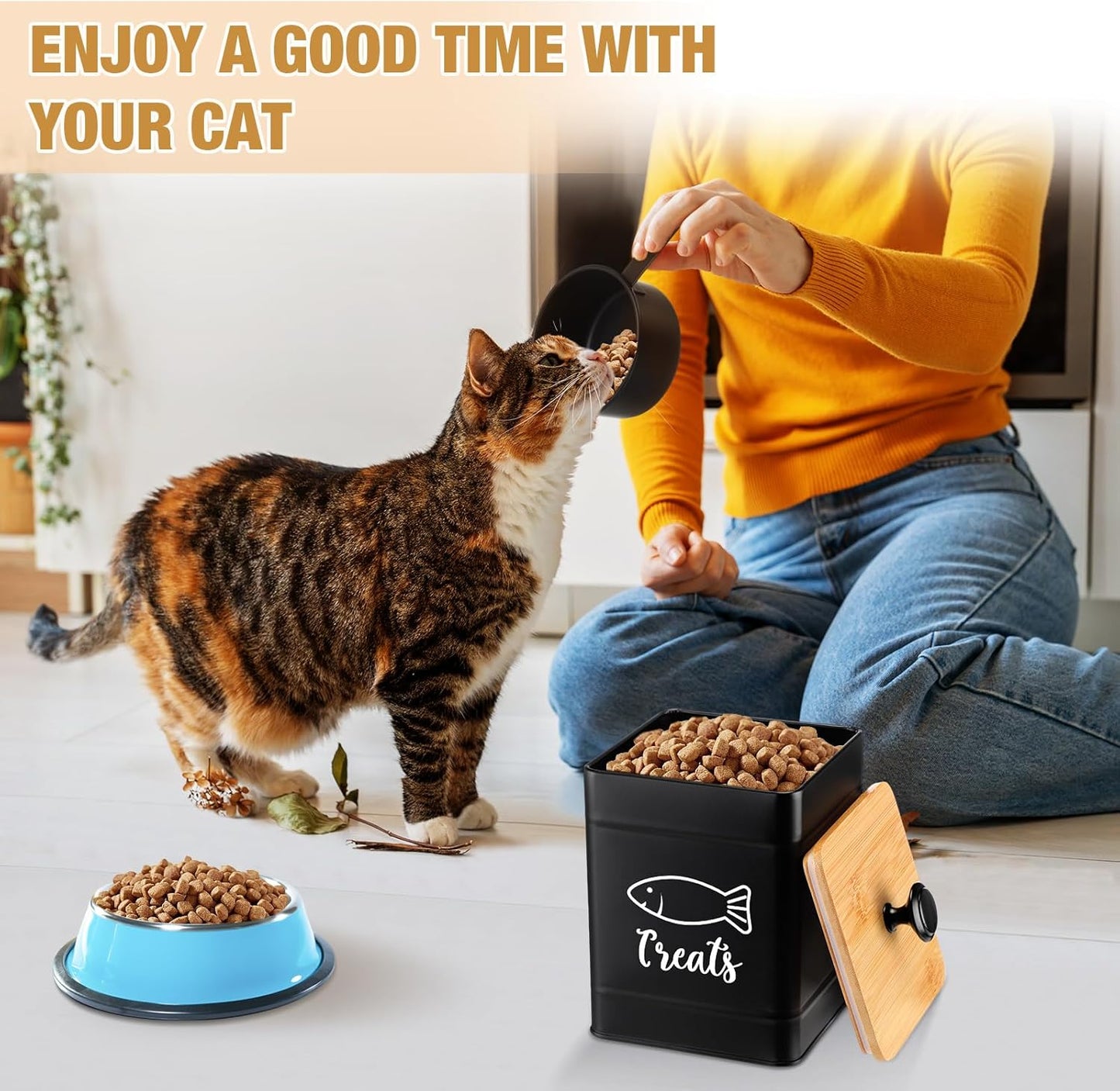 Metal Airtight Cat Food Containers Set of 3 with Bamboo Lids and Spoon 7+3+2 Lbs Cat Treat Storage Container Countertop with DIY Labels Pet Cookie Organizer Jars for Kitchen Counter(Black)