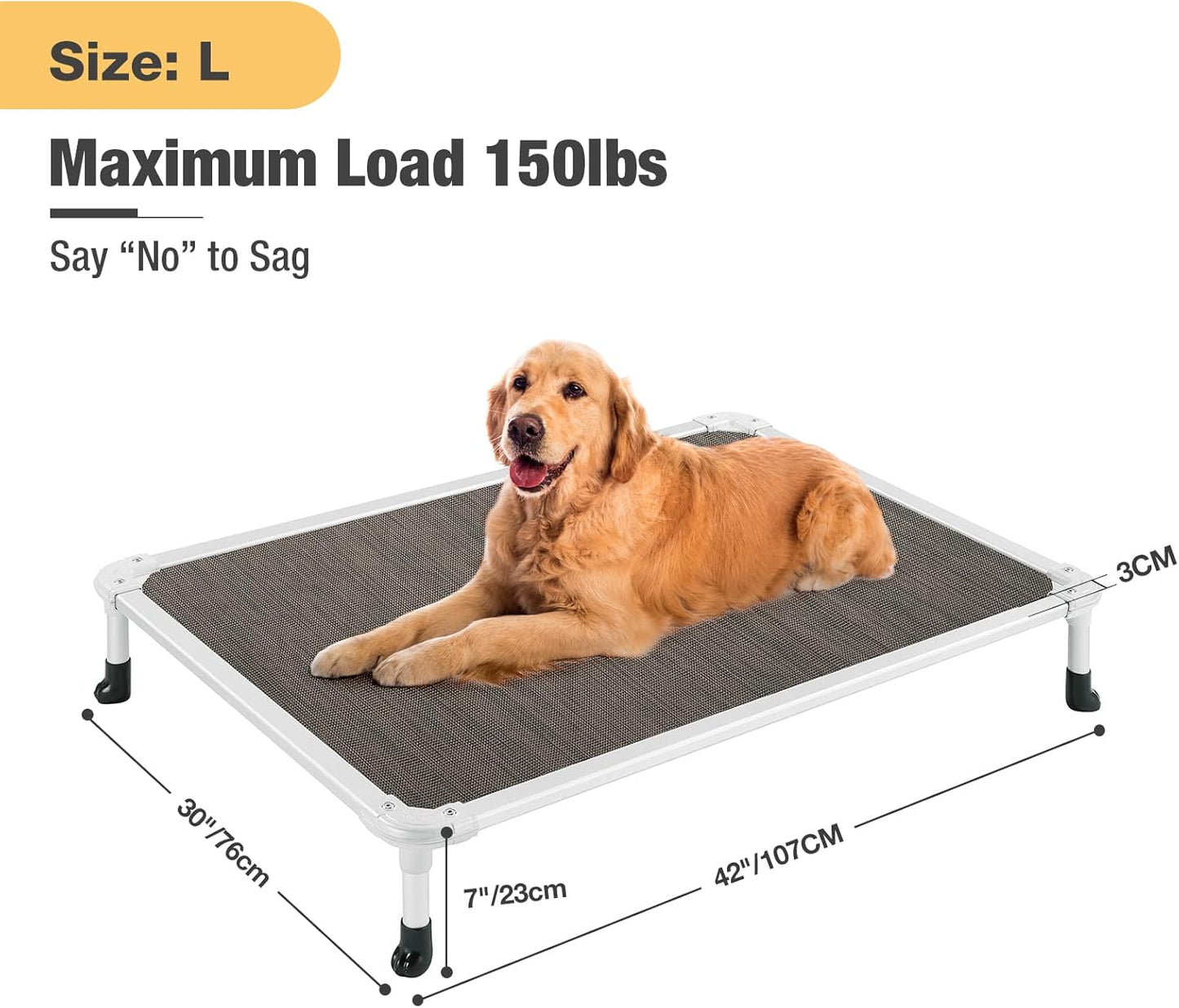 Veehoo Chew Proof Elevated Dog Bed - Cooling Raised Pet Cot - Silver Aluminum Frame and Durable Textilene Mesh Fabric, Unique Designed No-Slip Feet for Indoor or Outdoor Use, Brown, Large, CWC2003