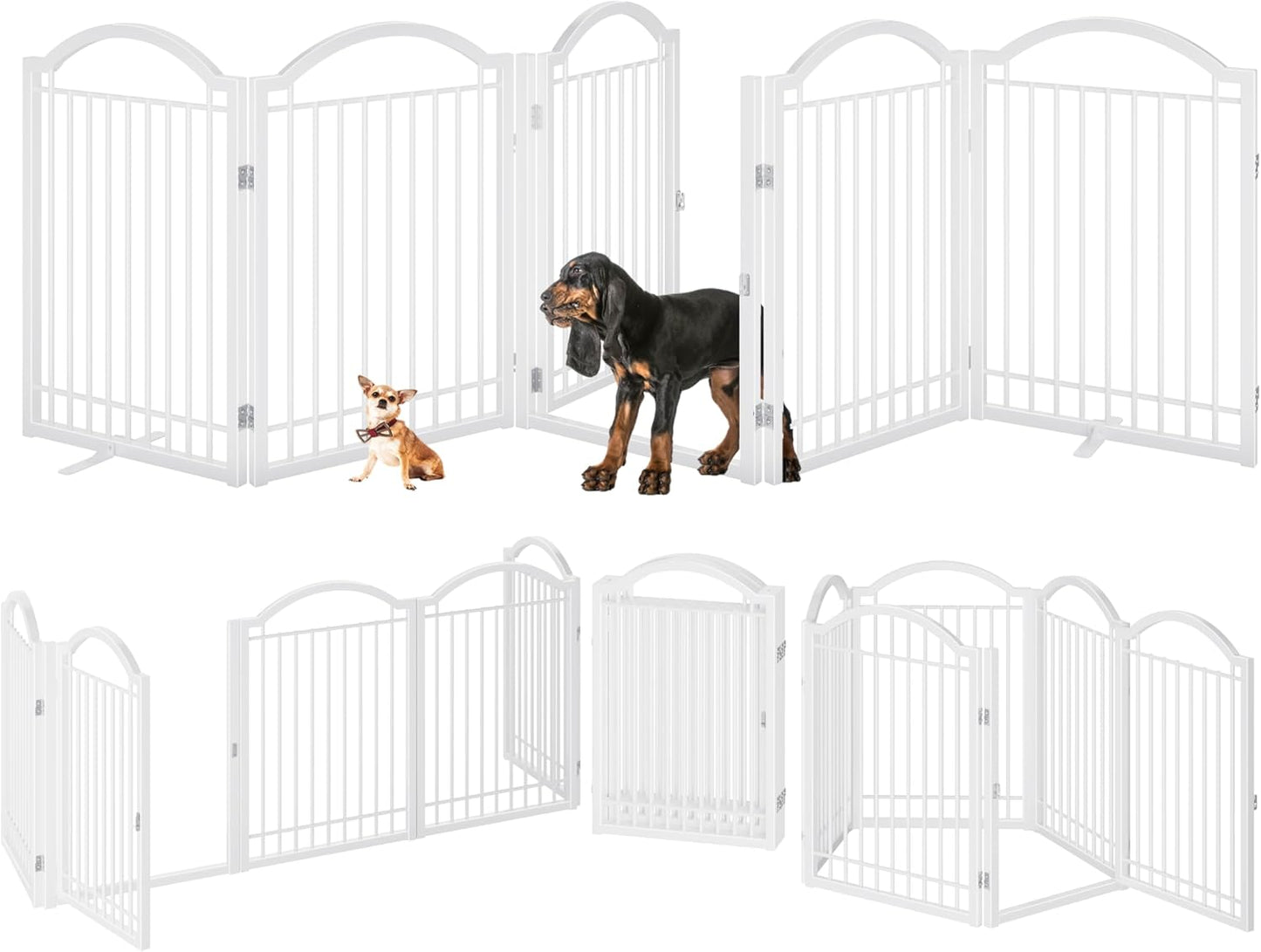 BHG Metal No-Assembly Freestanding Dog Gate with Door Walk Through, Extra Wide 120", Extra Tall 32" Pet Gate, Accordion Puppy Folding Playpen Dog Fence, with 2PCS Support (White, 5 Panels)