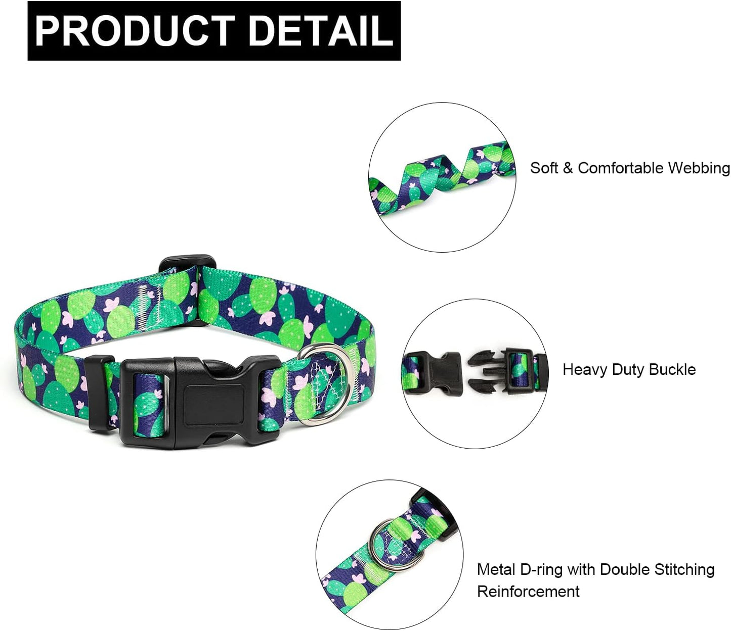 Mercano Adjustable Dog Collar - Special Design Patterns, Soft Nylon Comfortable Durable Pet Collar for Small Medium Large Dogs (M, Cactus)