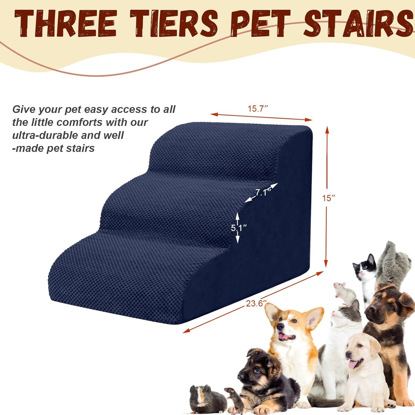 Dog Stairs for Small Dogs - High Density Foam Pet Steps, Extra Wide Dog Ramp with Non-Slip Bottom for High Beds, Couch and Sofa, Best for Dogs Injured, Older Doggy Cats, 3 Steps, Navy