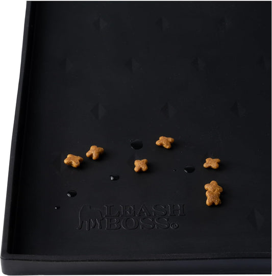 Leash Boss Silicone Dog Food & Cat Bowl Mat - XL 25 x 17 in - Black - Waterproof Non-Slip Raised Edge - Dishwasher Safe Pet Food Mat
