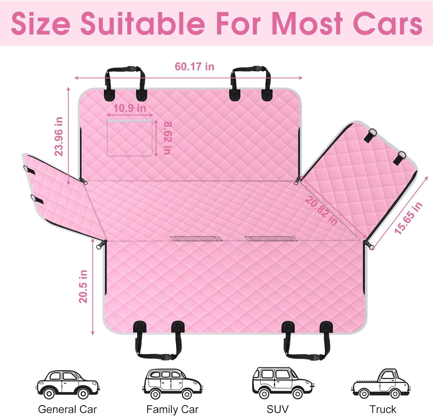 Waterproof Dog Car Seat Cover for Back Seat - Durable, Scratch Proof Pet Hammock with Nonslip Design & Storage Pockets, Fits Cars, SUVs, Trucks - L, Pink/Grey