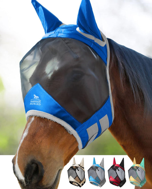 Harrison Howard Pro Luminous Horse Fly Mask Large Eye Space Standard with Ears UV Protection for Horse Signature Blue XL Extra Full Size