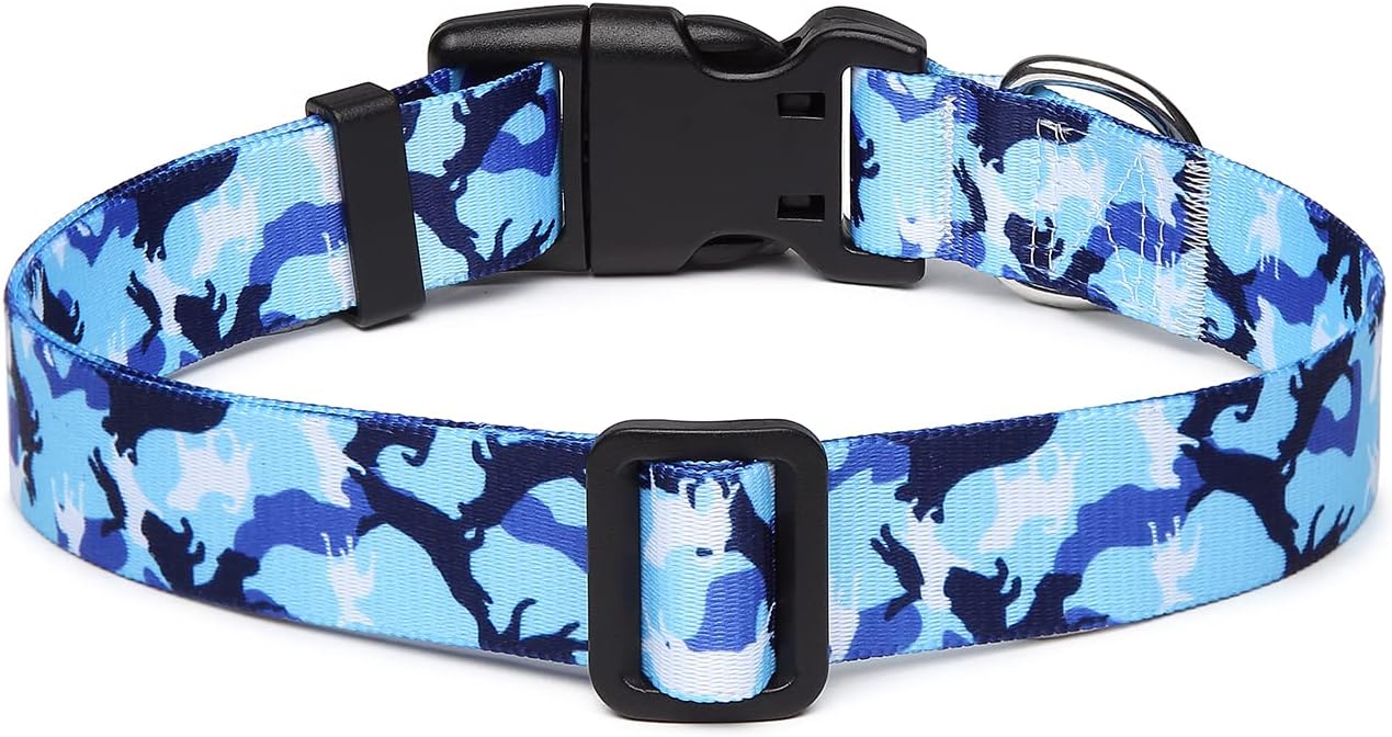 Mercano Adjustable Dog Collar - Special Design Patterns, Soft Nylon Comfortable Durable Pet Collar for Small Medium Large Dogs (L, Dog Camouflage Blue)