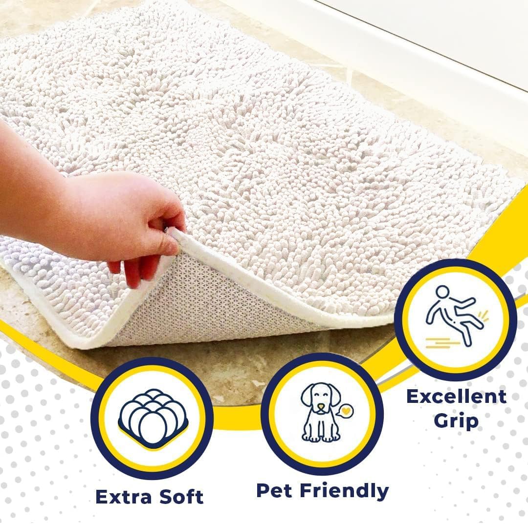 Muddy Mat® AS-SEEN-ON-TV Highly Absorbent Microfiber Door Mat and Pet Rug, Non Slip Thick Washable Area and Bath Mat Soft Chenille for Kitchen Bathroom Bedroom Indoor and Outdoor-White Runner 59"X24"