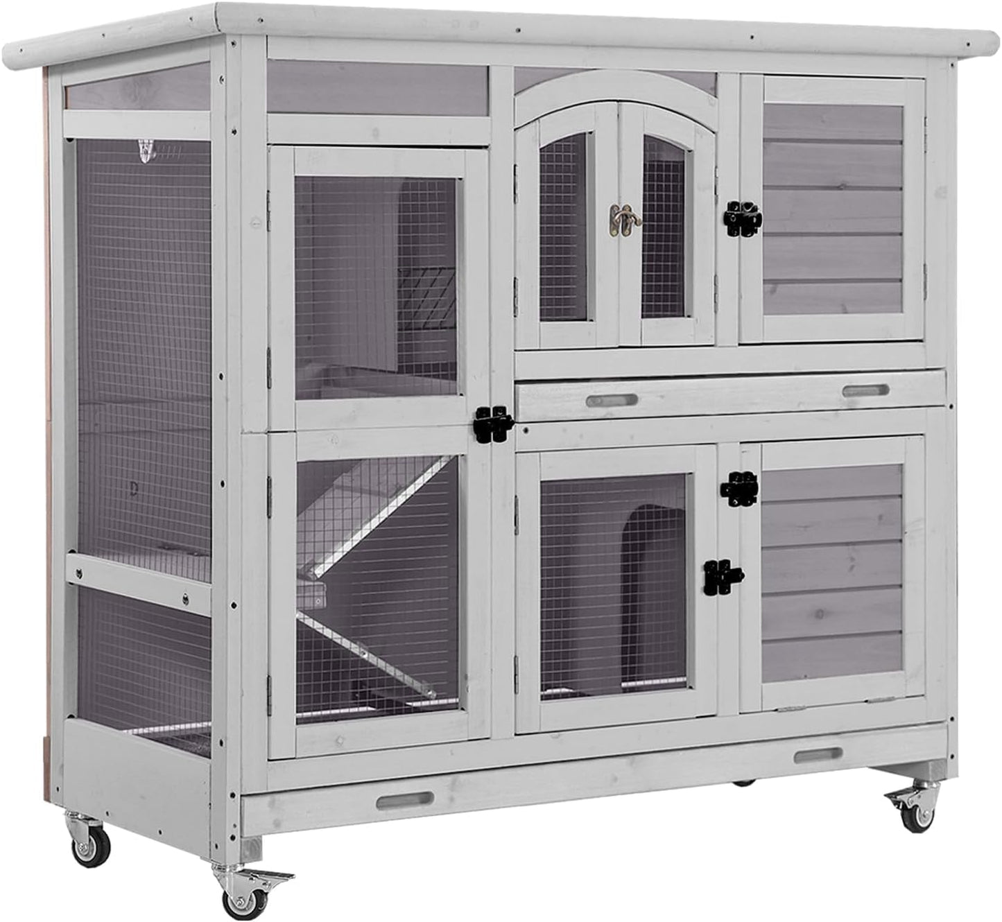 Aivituvin Rabbit Hutch Indoor, Bunny Cage with Wheels, 2-Story Design, 2 Deep Trays, Anti Slip Ramp, Ideal for Small Animals - Grey