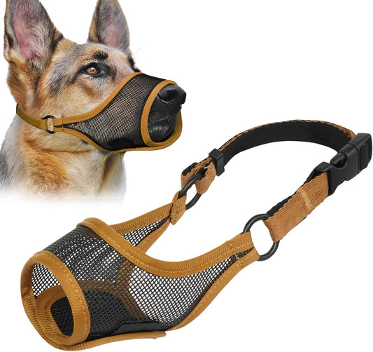 LUCKYPAW Dog Muzzle, Mesh Muzzle for Large Medium Small Dogs, Soft Mouth Guard for Biting Chewing, Breathable Mouth Guard with Adjustable Strap for Training(Brown, XS(Snout:6.5"-7.5"))