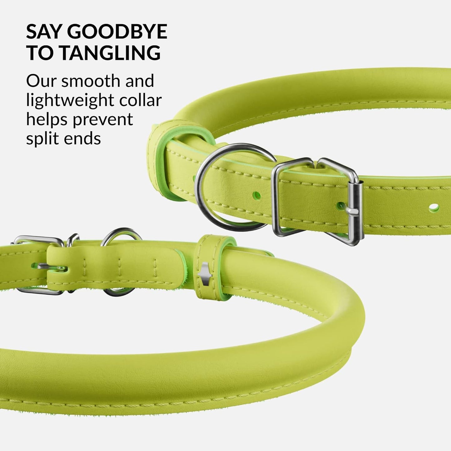 CollarDirect Rolled Leather Dog Collar, Soft Padded Round Puppy Collar, Handmade Genuine Leather Collar Dog Small Large Cat Collars 13 Colors (15-19 Inch, Lime Green Smooth)