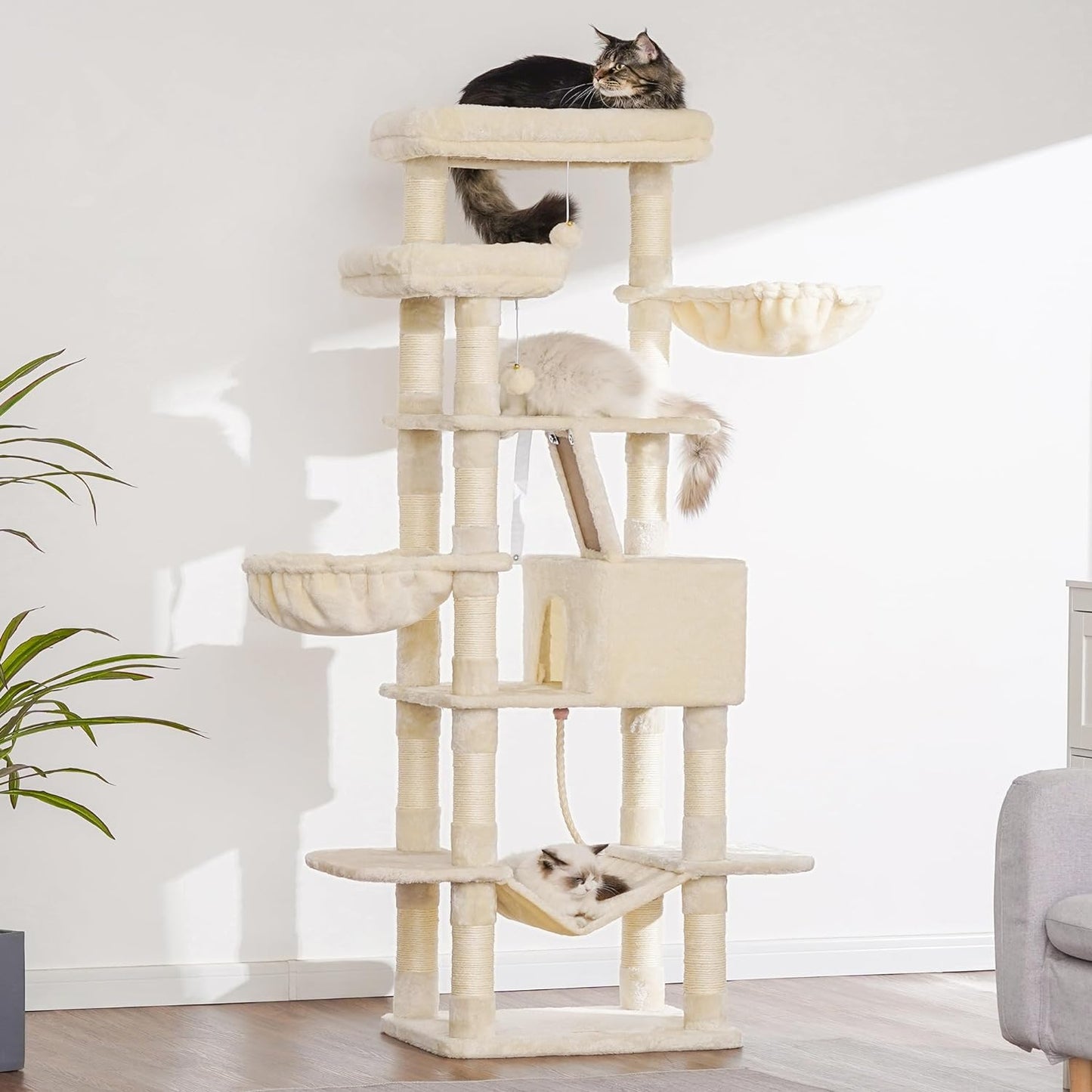 Heybly Cat Tree, 68 inch Multi-Level Cat Tower for Indoor Cats, 2 Widened Plush Perches Cat Condo with Scratching Board and Big Caves, Beige HCT025M