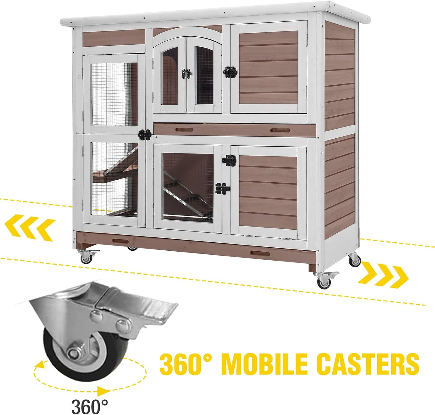 Aivituvin Rabbit Hutch Indoor, Bunny Cage with Wheels, 2-Story Design, 2 Deep Trays, Anti Slip Ramp, Ideal for Small Animals - Brown