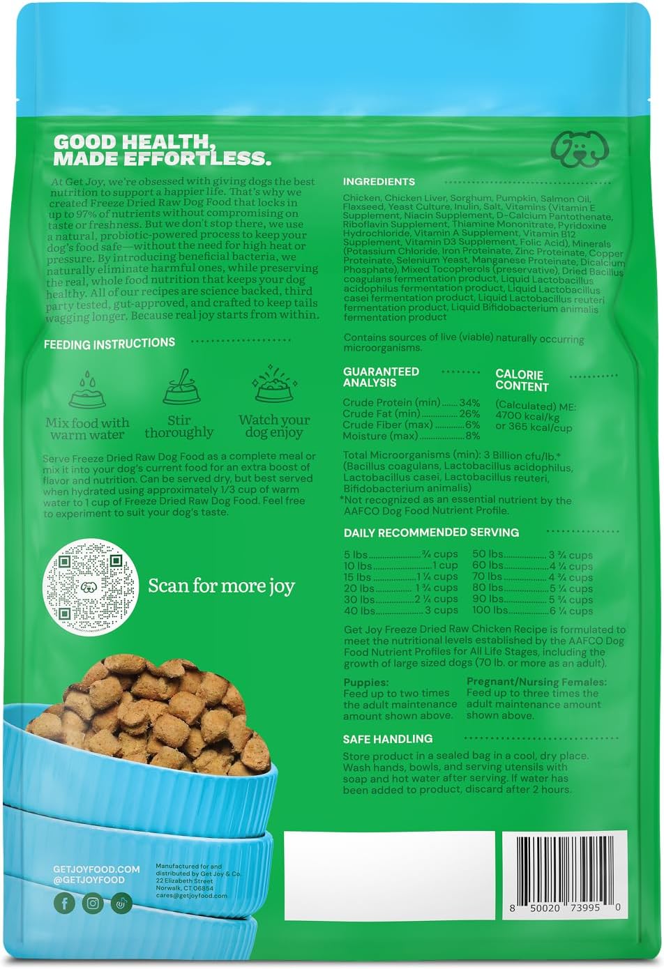 Get Joy Gut Health Fresh Freeze Dried Raw Meal, Chicken Recipe, 32 Ounce Bag, Dog Food for Dogs of All Breeds and Life Stages, PhD Animal Nutritionist Formulated, Made in USA