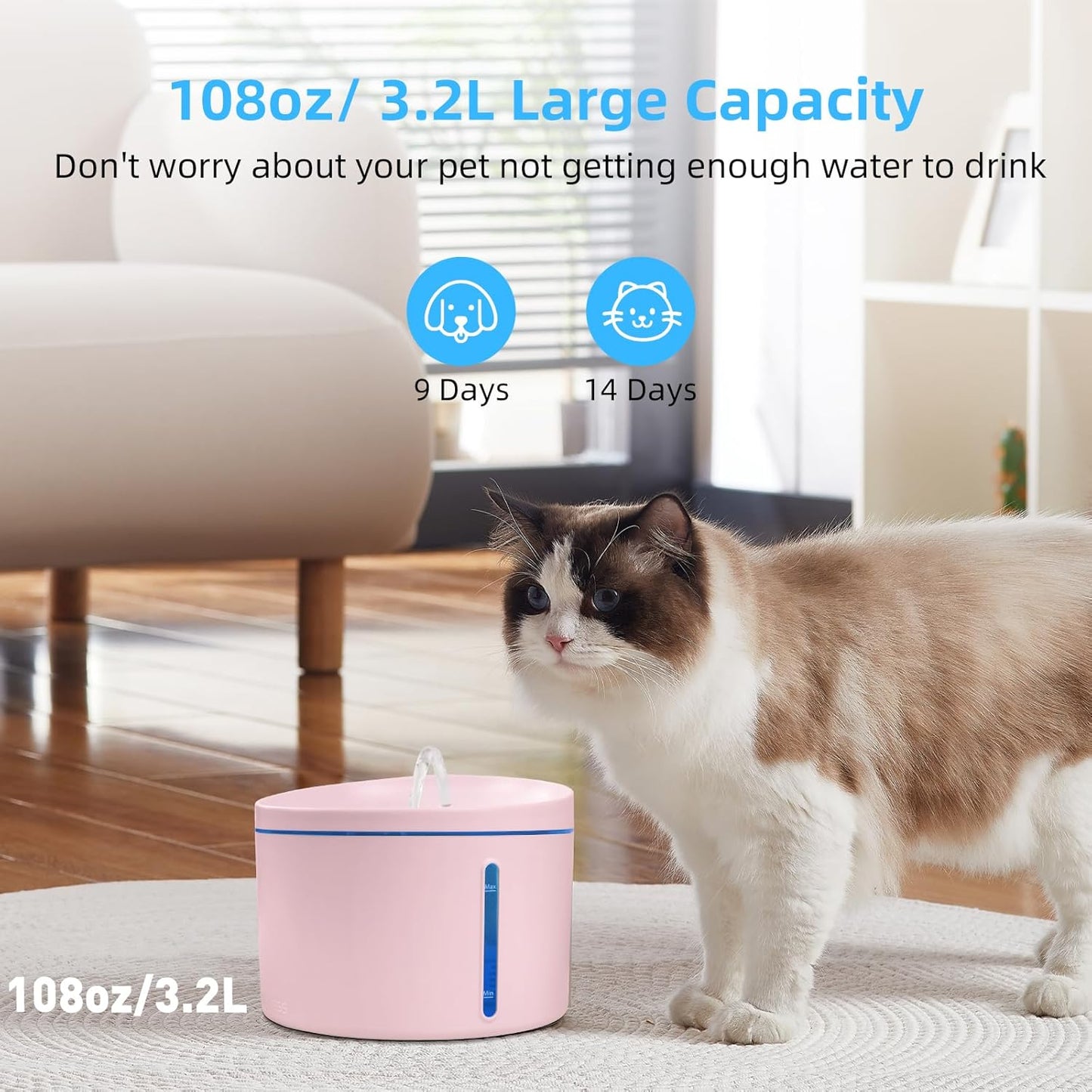 DOGNESS D06 Cat Water Fountain with Filter, Keep Water Fresh Automatic 3.2L Large Capacity Ultra Silent Removable Fresh Cat Water Dispenser for Dogs, Cats, Birds (3.2L Pink)