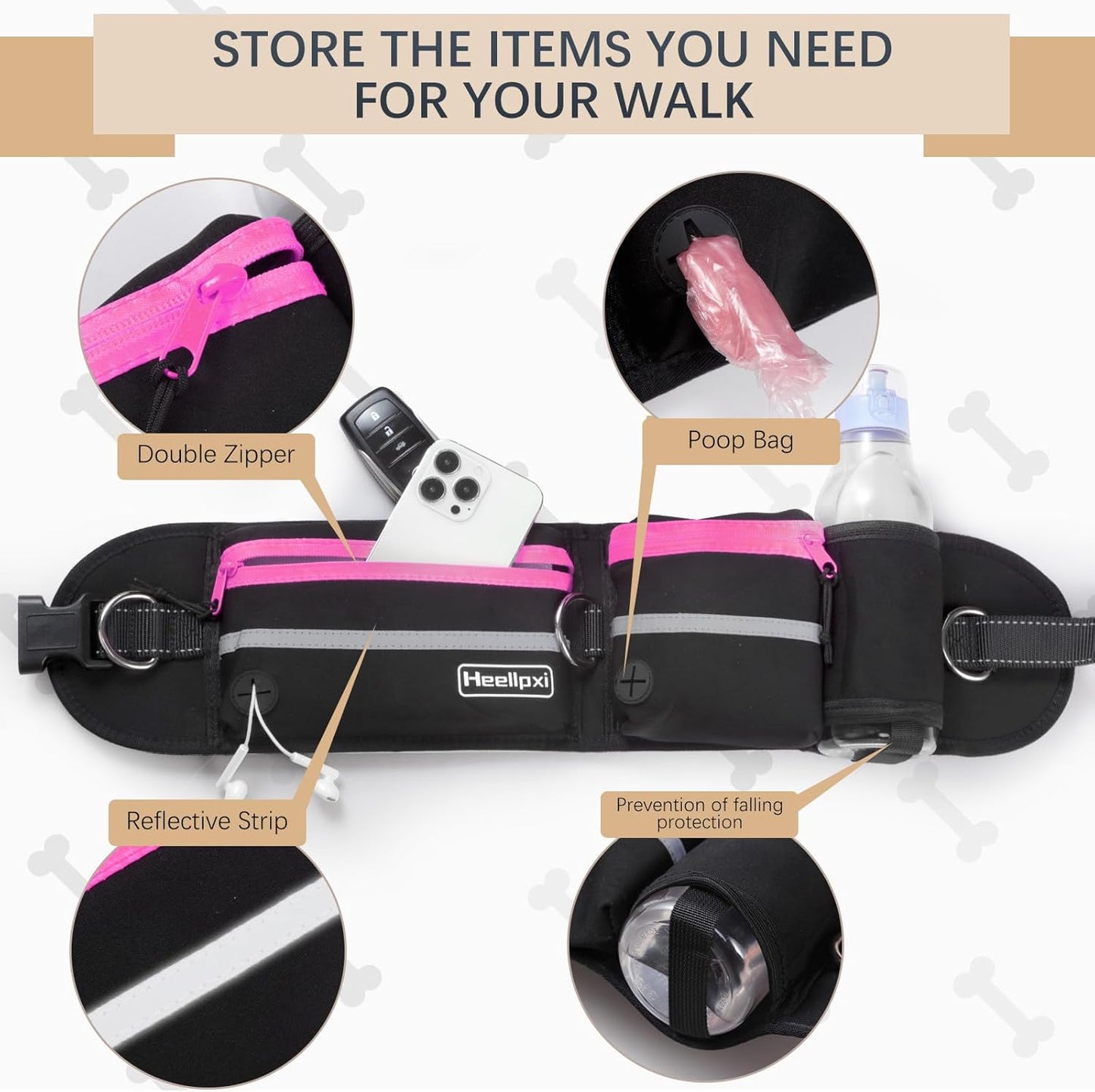 Hands-Free Dog Leash with Pouch, Waist Leash for Walking Two Dogs, Reflective Stitching, Dual Handle, Bungee Retractable for Medium to Large Dogs - Pink,Dog Walking Accessories