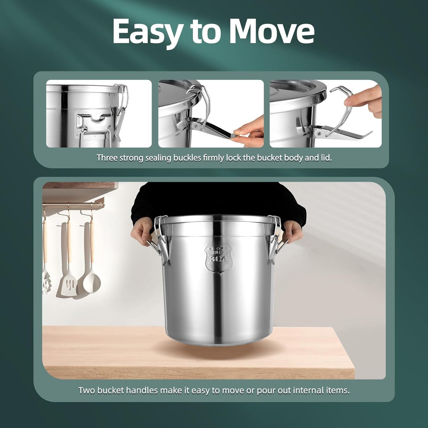 DYNAMI 5.5Gal 304 Stainless Steel Airtight Container with Lid and Locking Clamp,17-38Lbs Metal Bucket Large Stainless Steel Canisters for Kitchen,Dog Food/Bird Seed/Coffee Storage Container(21L)