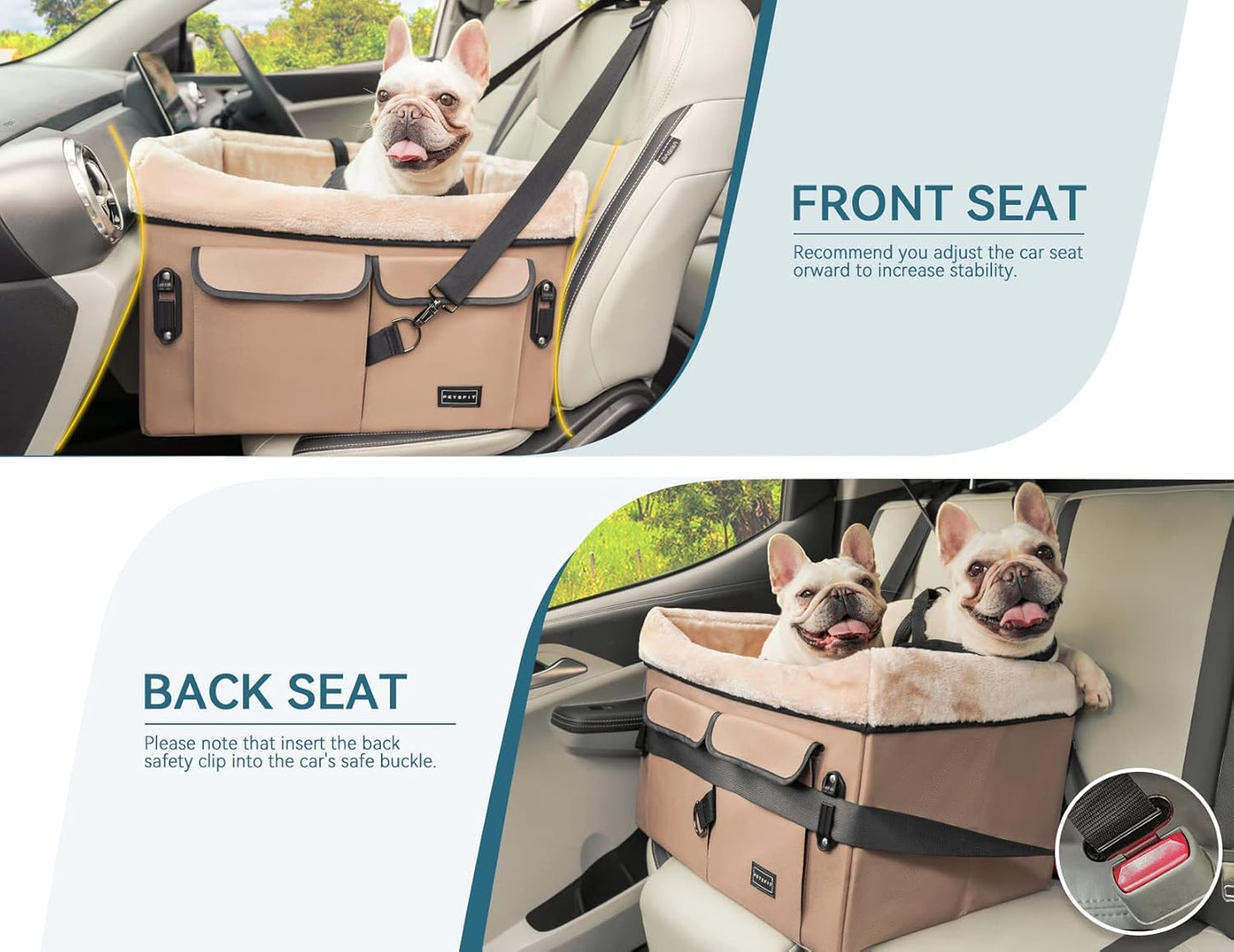 Petsfit Dog Booster Car Seat for Medium Dog or 2 Small Dogs with Patent Buckles, Washable Pad, Upgraded Pet Car Seat for Dogs Up to 45 lbs (Medium, Tan)