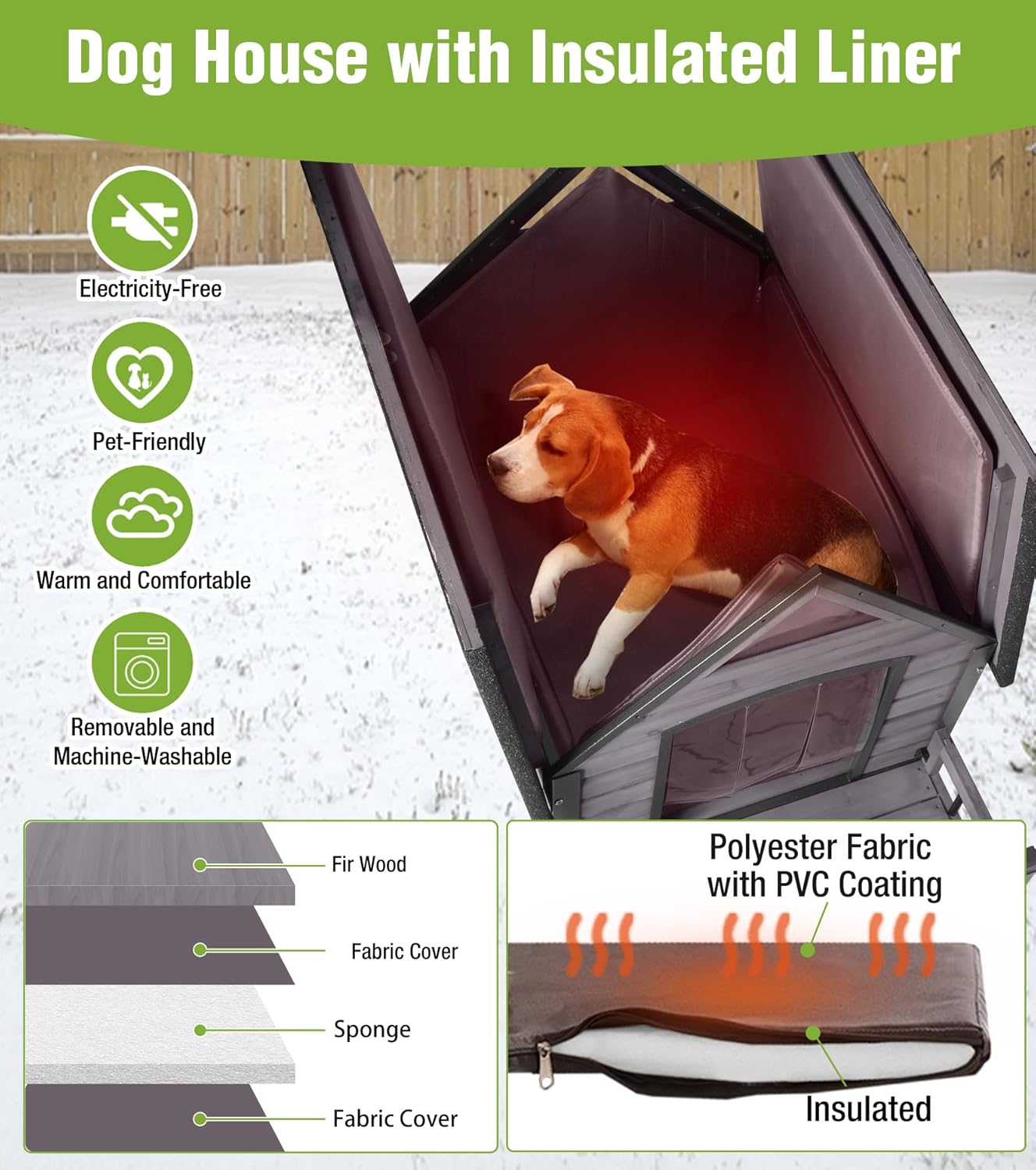 GUTINNEEN Insulated Dog House Outdoor, Waterproof Dog Kennel with Anti-Bite Design, Asphalt Roof, Elevated Base, PVC Curtain, for Small to Medium Dogs - Grey