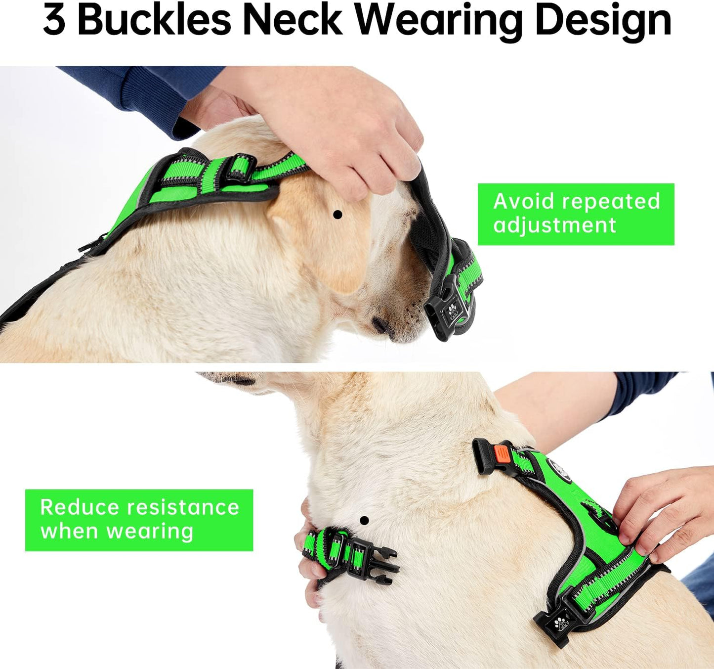 IVY&LANE No Pull Dog Harness for Large Dogs, Dog Vest Harness with Leash, Safety Belt and Storage Strap, Fully Adjustable Harness, 360° Reflective Strip, Soft Handle (Green, XL)