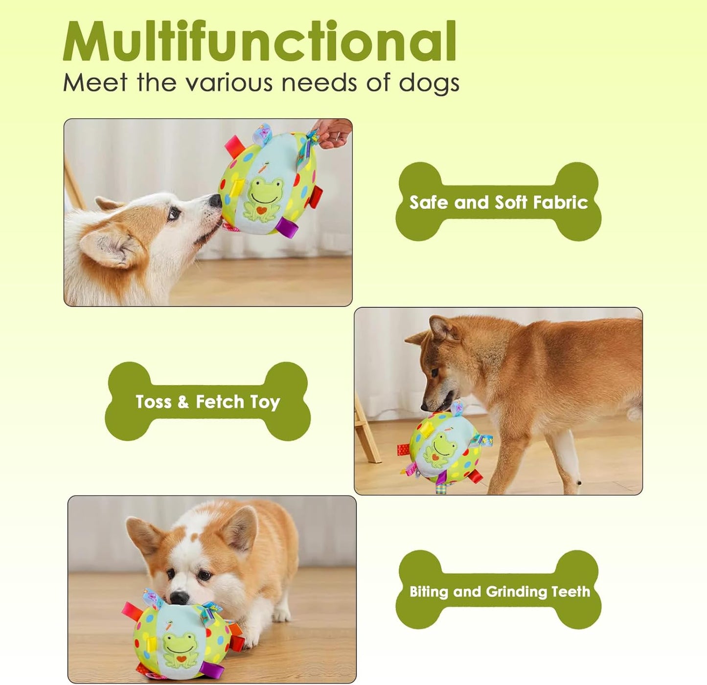 Dog Squeaky Plush Toy with Straps, 6-Inch Soft Stuffed Ball with Cotton Material and Bell Built-in, Pet Interactive Fetch Toy for Small to Large Dog