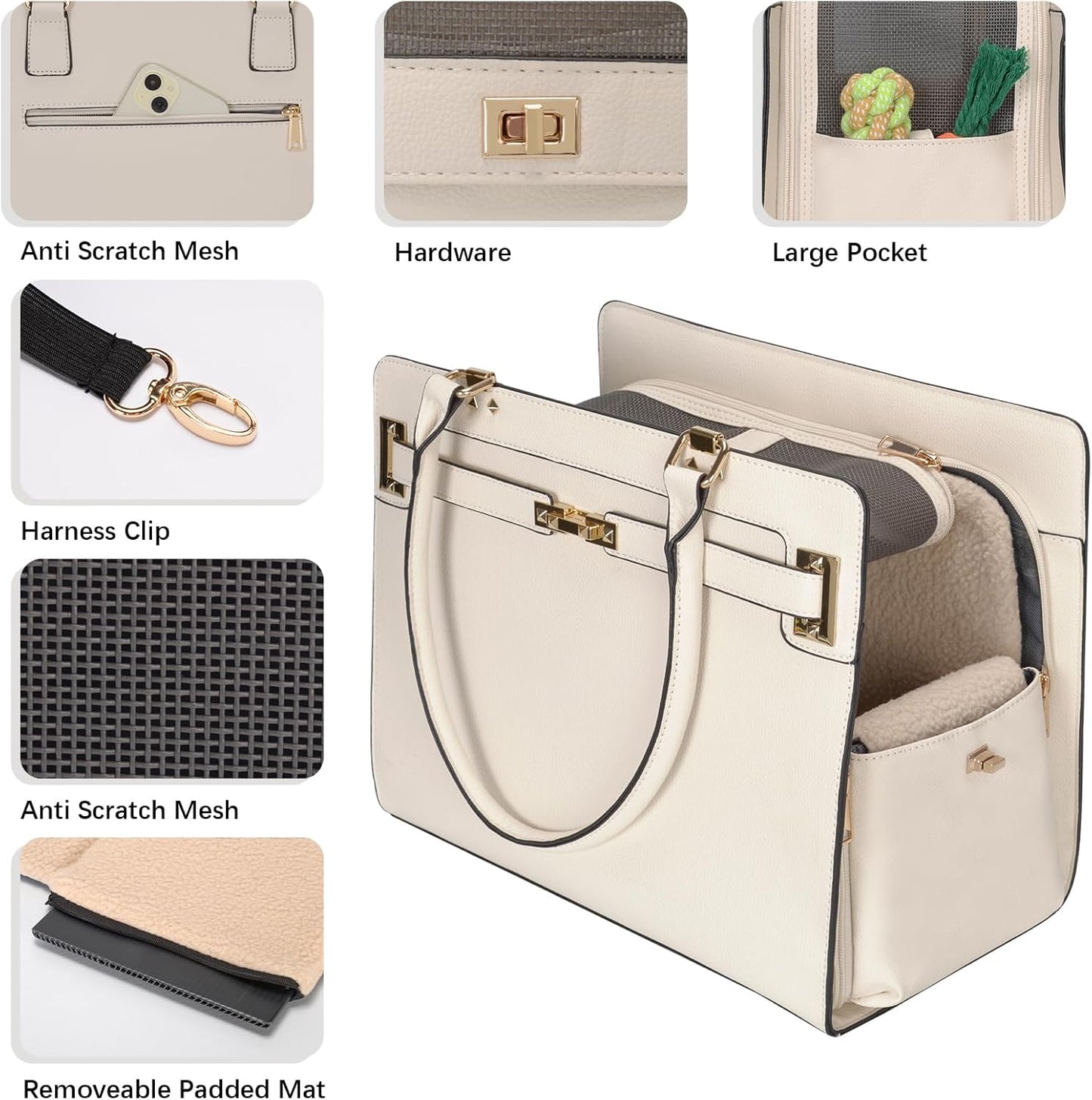 2-in-1 Stylish Dog Purse Carrier Soft-Sided Carriers Travel Tote Bag for Small Dogs Cats, Fashion Foldable Pet Bag for Puppies Small Animals with Pockets (White, 15" L x 7.5" W x 12.2" H)