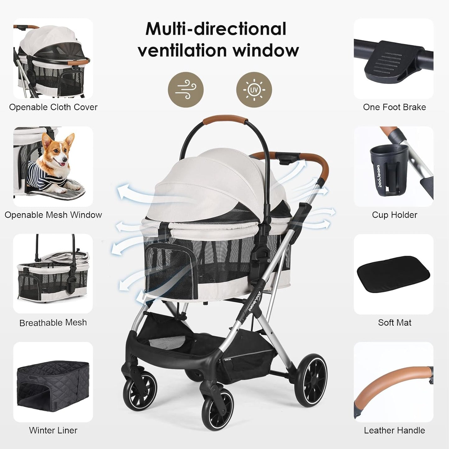 T6 Luxury Pet Stroller for Medium Dogs Up to 66lbs or 2 Small Pets – 3-in-1 Dog & Cat Stroller with Removable Carrier, Foldable & Lightweight (Beige & Net Wall)