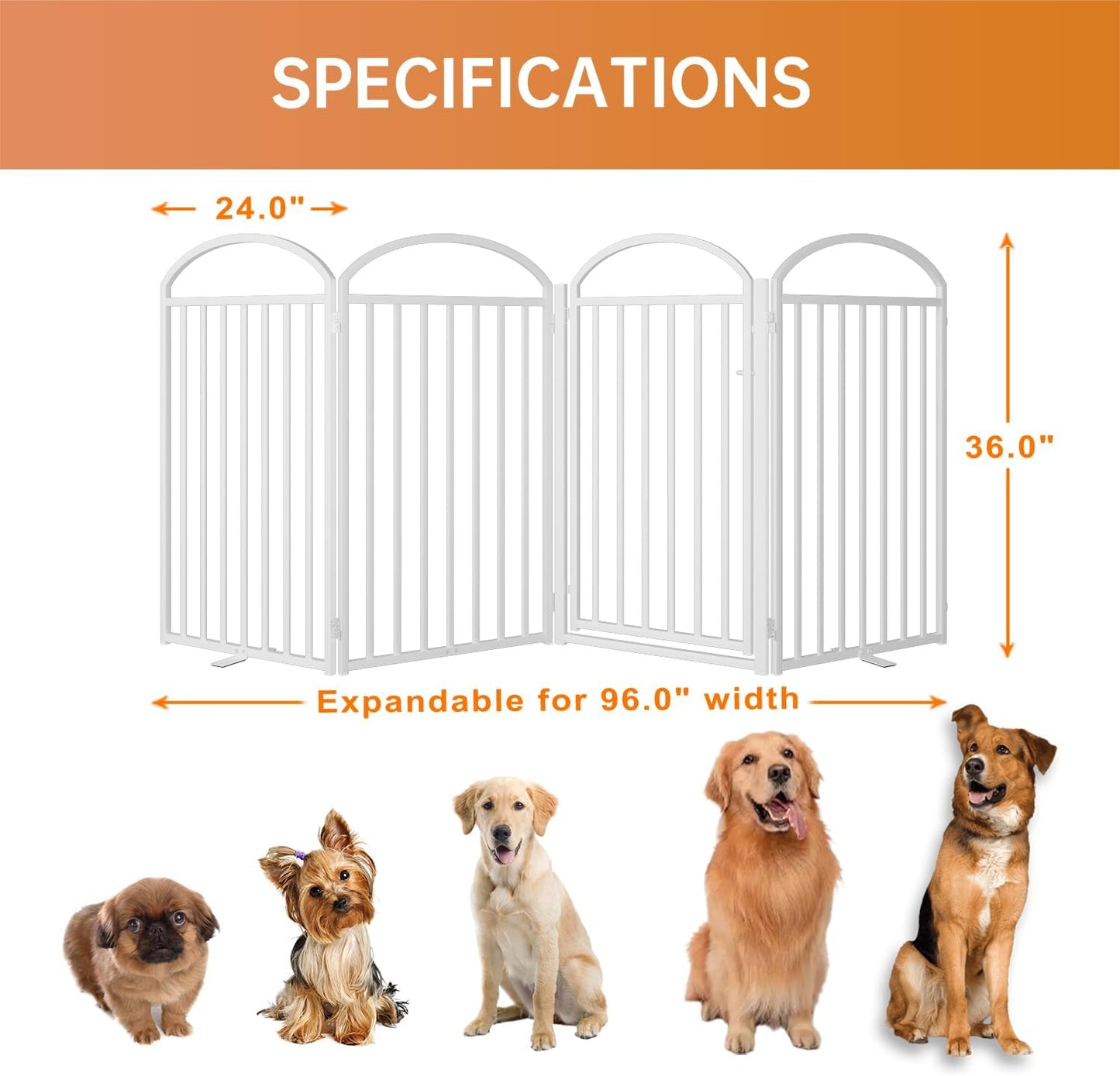 4 Panles Full Matel Freestanding Dog Gates with Door, 96"Extra Wide 36"Tall Free Standing Dog Pet Gate for Indoor & Outdoor. Foldable Pet Fences for Doorways, House, Stairs, Porch, Deck, Yard