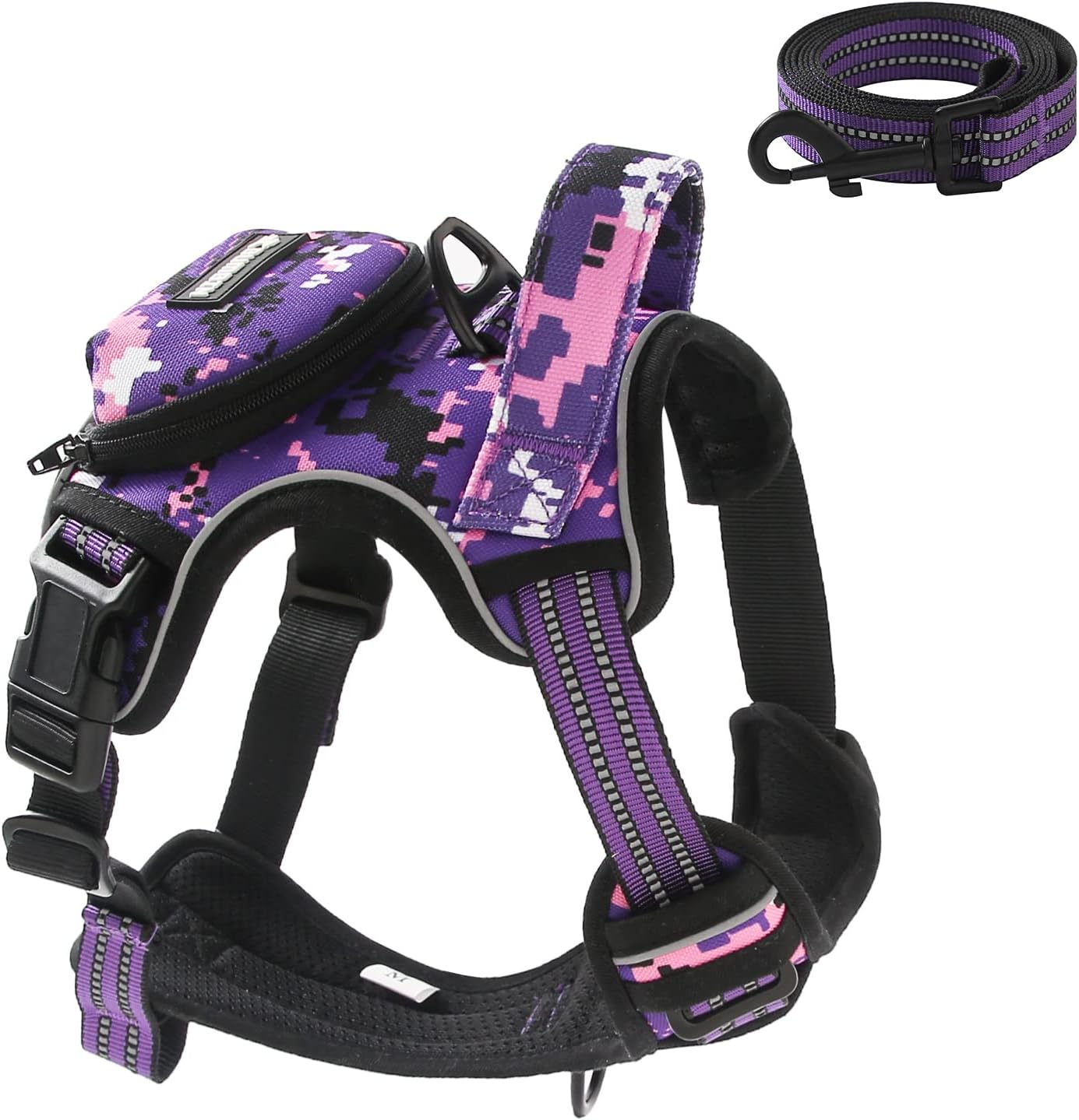 No Pull Dog Harness for Small Dogs, Adjustable No Choke Pet Vest with Dog Leash Fit Smart Reflective Pet Walking Harness for Training Easy Control Soft Handle Purple Camo S