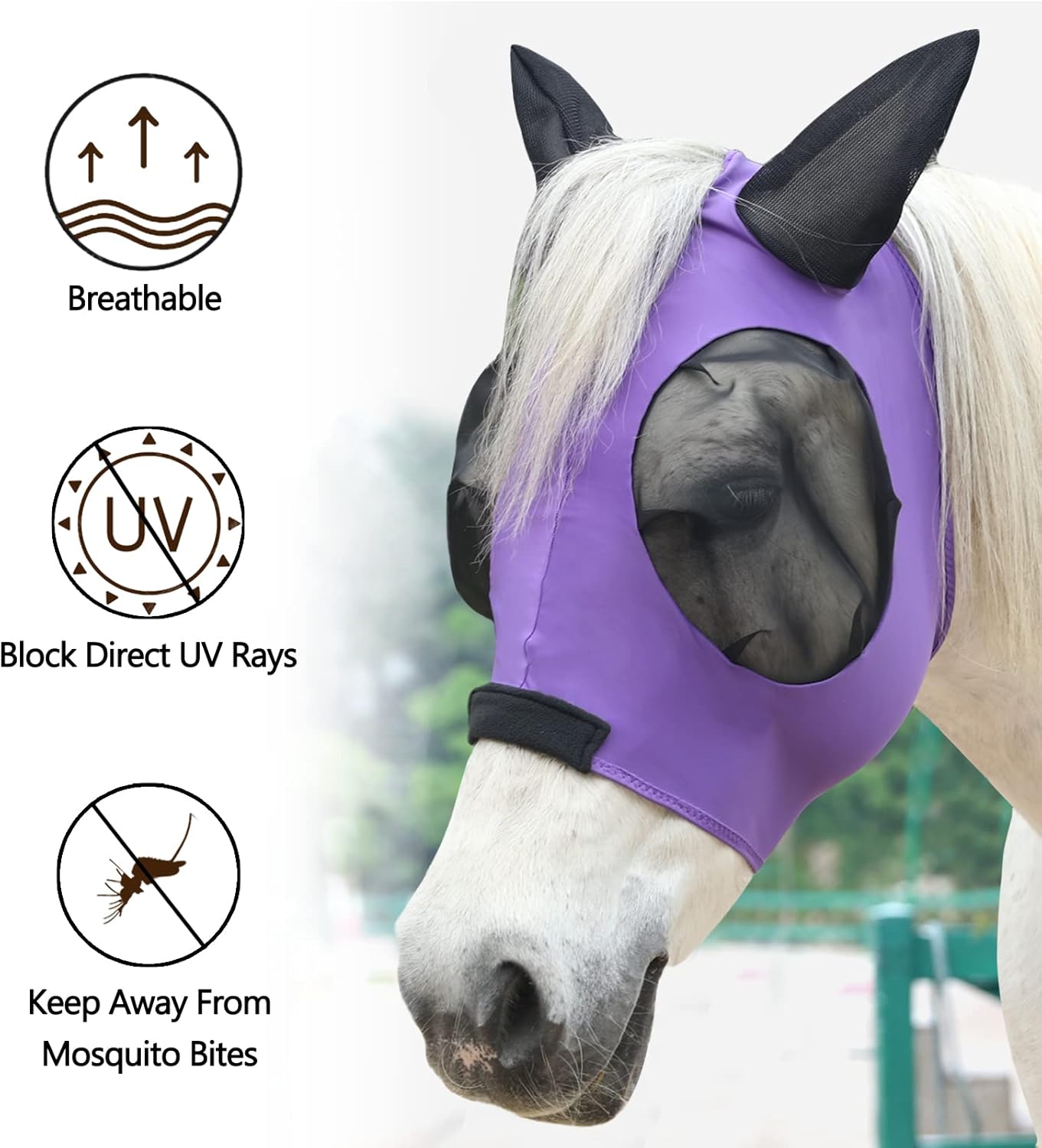 Horse Fly Mask with Ears - Large Eye Space for Full Vision, Breathable Stretch Comfort Fit, UV Protection, Forelock Opening, Easy Pull-On Violet Cob
