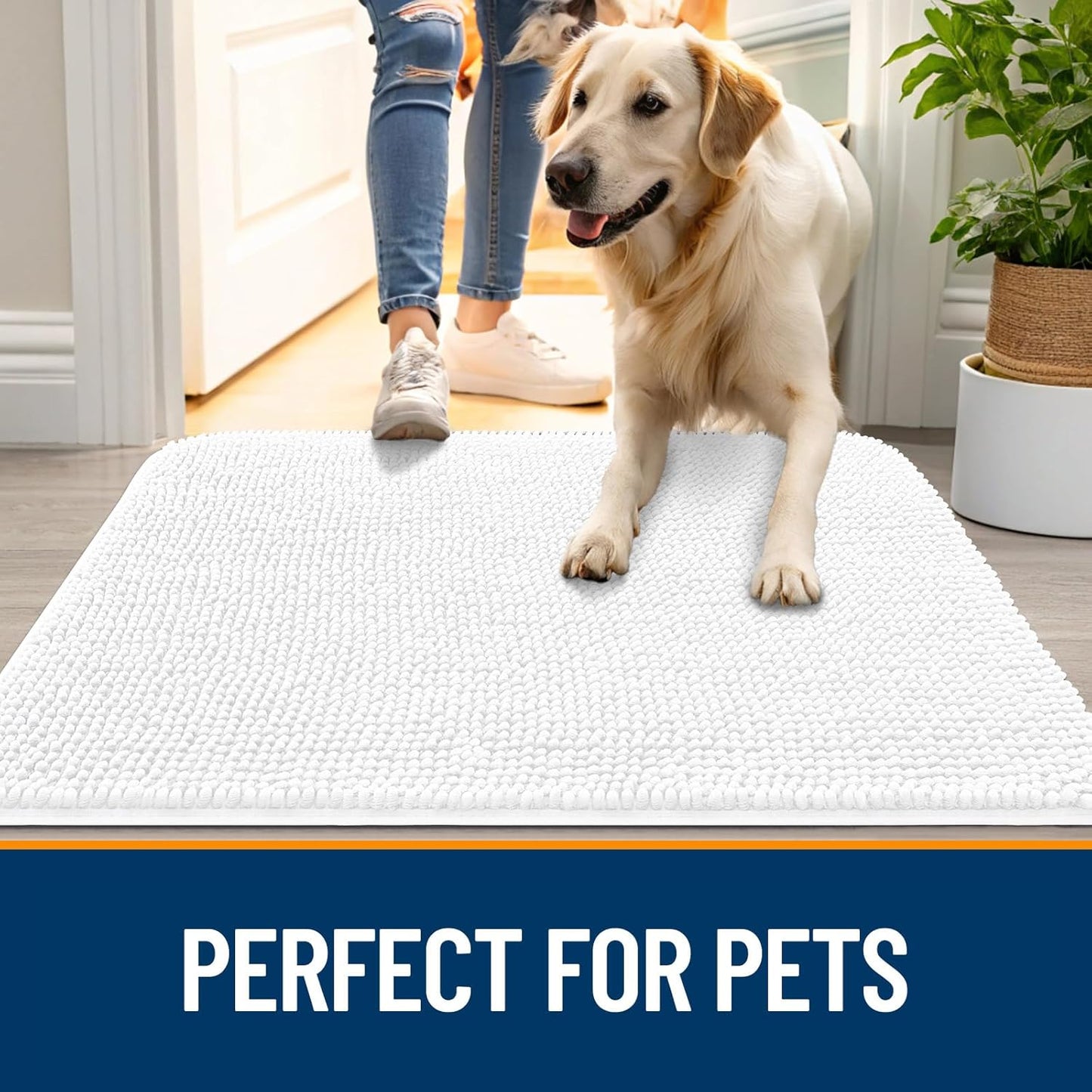 OLANLY Dog Door Mat for Muddy Paws 59x20, Absorbs Moisture and Dirt, Absorbent Non-Slip Washable Doormat, Quick Dry Chenille Mud Mat for Dogs, Entry Indoor Entryway Carpet for Inside Floor, White