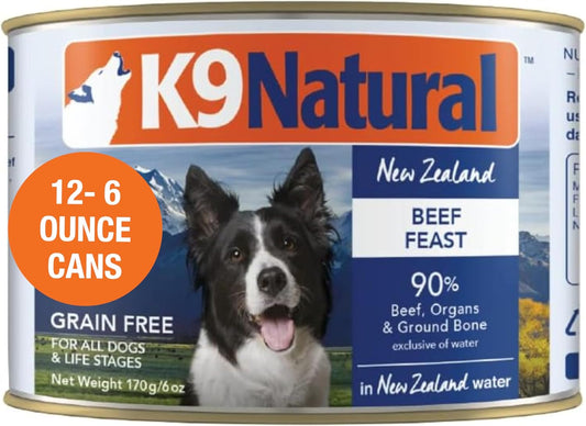 K9 Natural Wet Dog Food Pate, Beef Feast, 6 Oz Cans (Pack of 12), Grain Free, Made in New Zealand with Grass-Fed & Finished Beef, Single Source, Limited Ingredient
