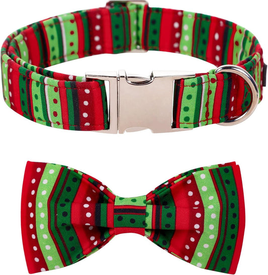 Lionet Paws Christmas Dog Collar with Bowtie, Dog Bowtie Collar with Metal Buckle for Dogs, Adjustable Comfortable Dog Collar Girl Boy Gift, L, Neck 16-24 in