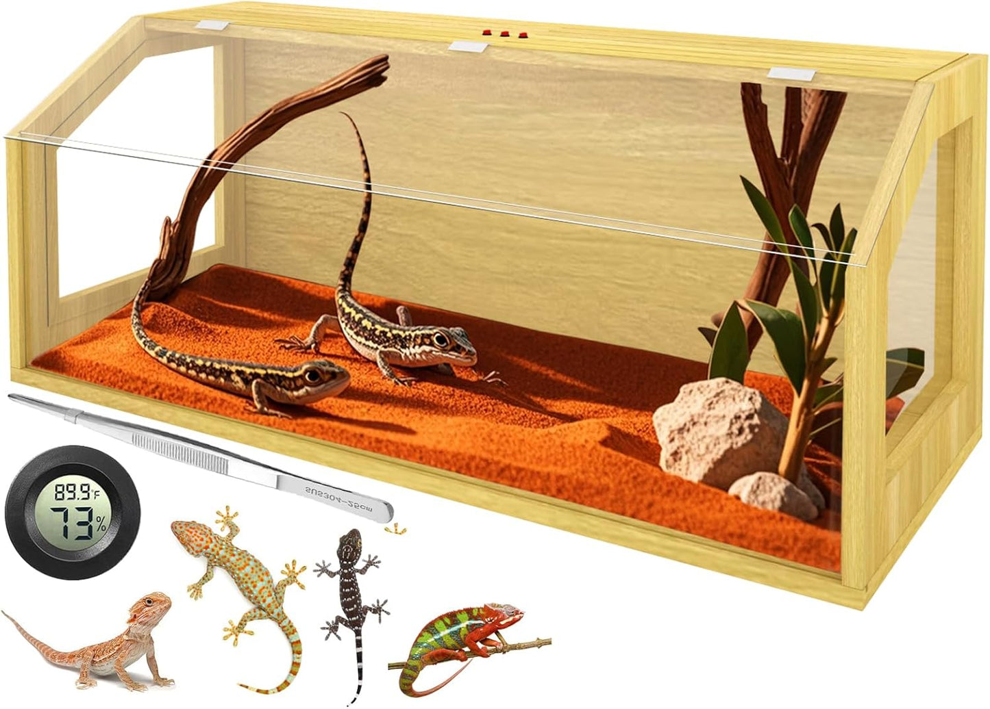 40 Gallon Large Reptile Tank, Wooden Snake Enclosure, Lockable Clear Acrylic Roof, Reptile Terrarium Cage with Feeding Tongs, Bearded Dragon Tank for Lizard, Leopard Gecko, 40" L x 16" W x 16" H