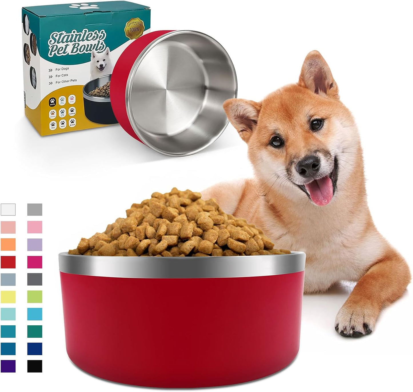 IKITCHEN Dog Bowl for Food and Water, 64 Oz Stainless Steel Pet Feeding Bowl, Durable Non-Skid Double Wall Insulated Heavy Duty with Rubber Bottom for Medium Large Dogs (64 Ounces/8 Cup, Red)