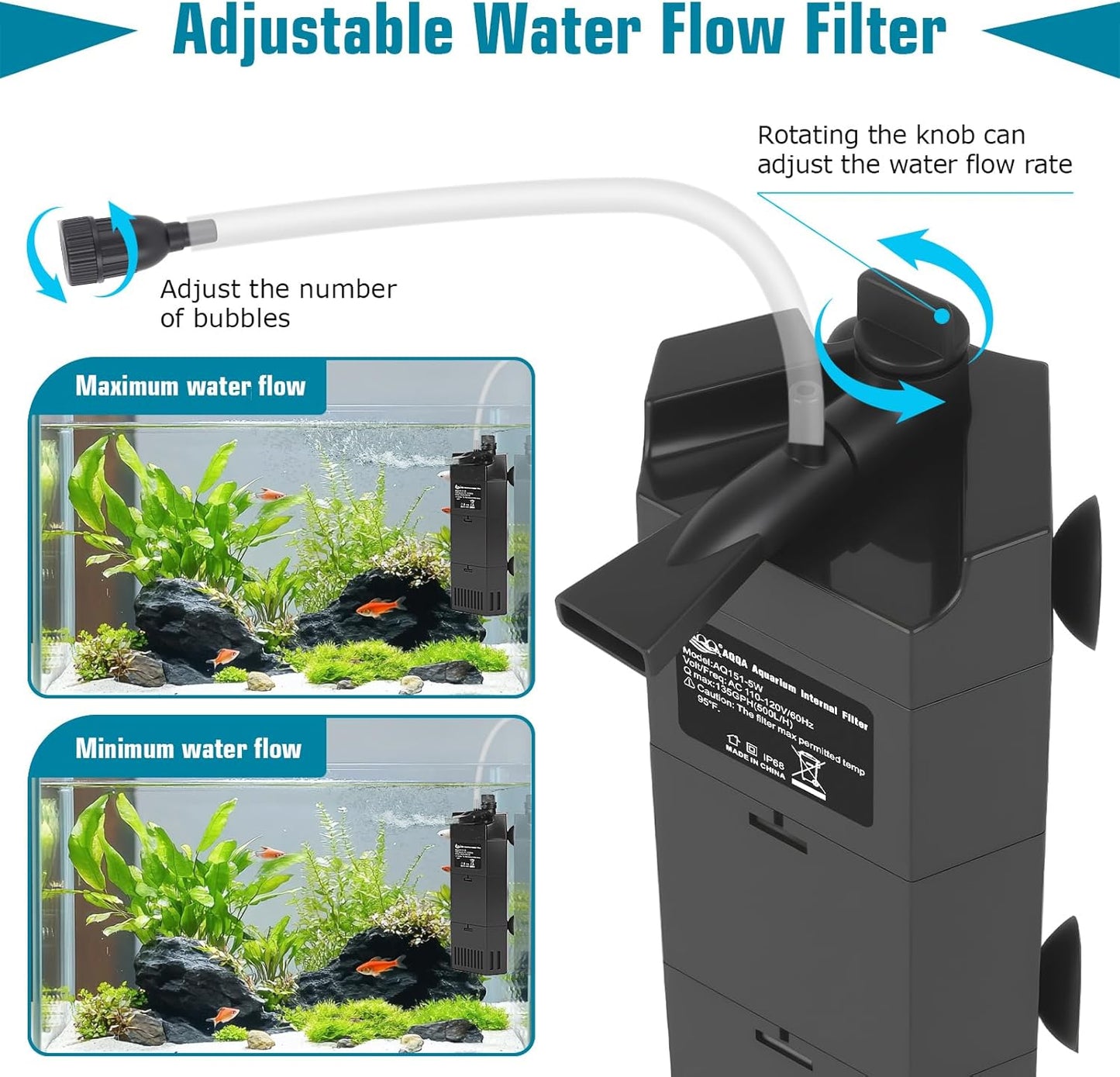 AQQA Aquarium Filter for 30-80 Gallon Fish Tank Powerful Submersible Pumps & Filters with Bio Filtration for Crystal Clear Tank (5W,135GPH)