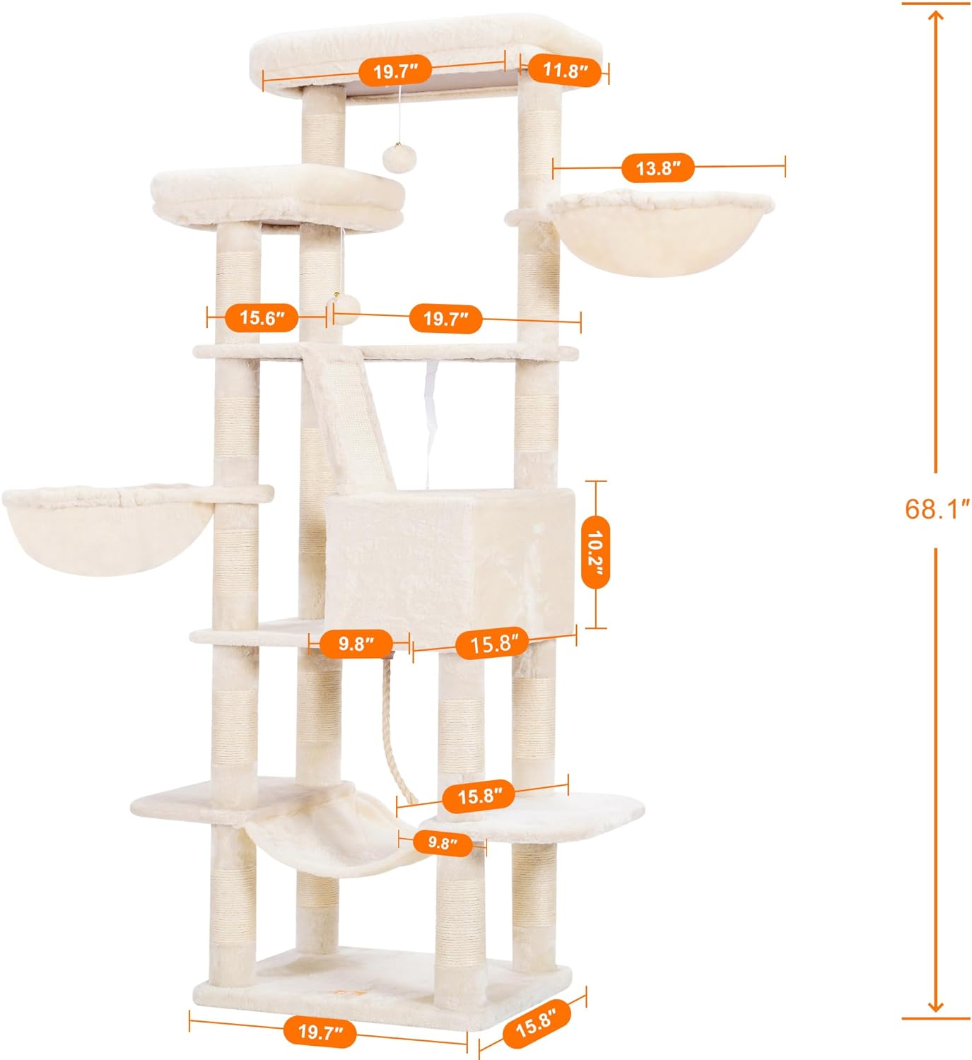 Heybly Cat Tree, 68 inch Multi-Level Cat Tower for Indoor Cats, 2 Widened Plush Perches Cat Condo with Scratching Board and Big Caves, Beige HCT025M
