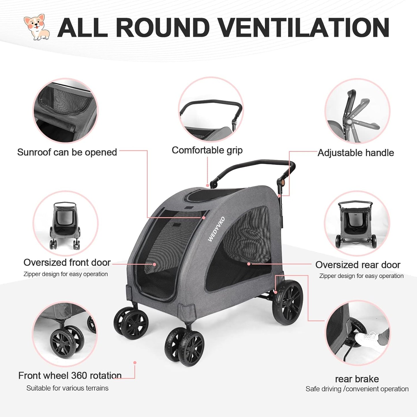 Large Dog Travel Stroller with 4 Heavy Duty Wheels Pet Stroller with Adjustable Handle - Double Doggie Capacity Jogger Wagon with Back Front Door for Small Medium Large Dogs (Dark Light Gray)