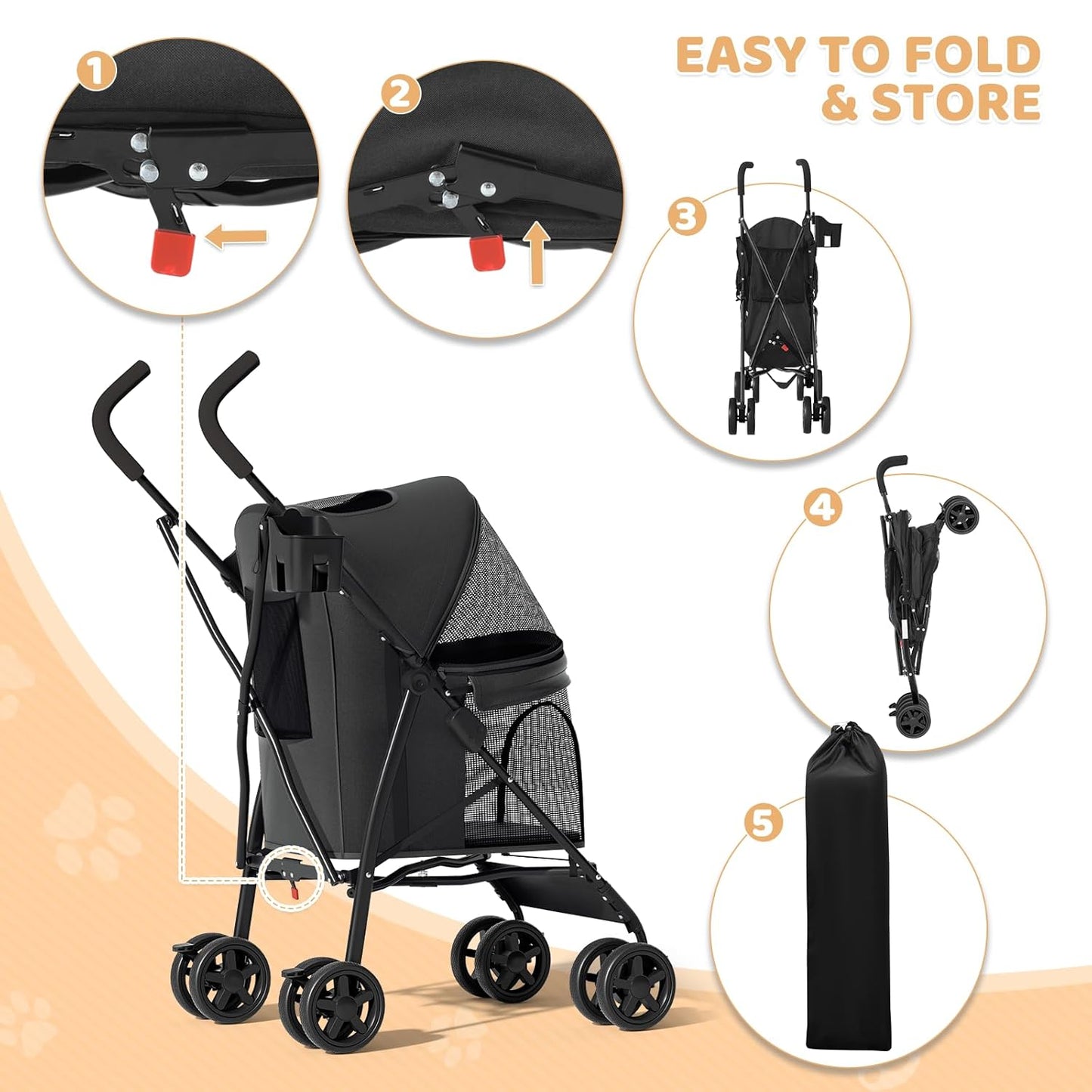 Magshion Compact Pet Stroller for Small-Medium Dogs/Cats up to 22lbs, 4-Wheel Lightweight Umbrella Shaped Portable Puppy Travel Jogger with Breathable Mesh, Cup Holder & Rear Storage, Black