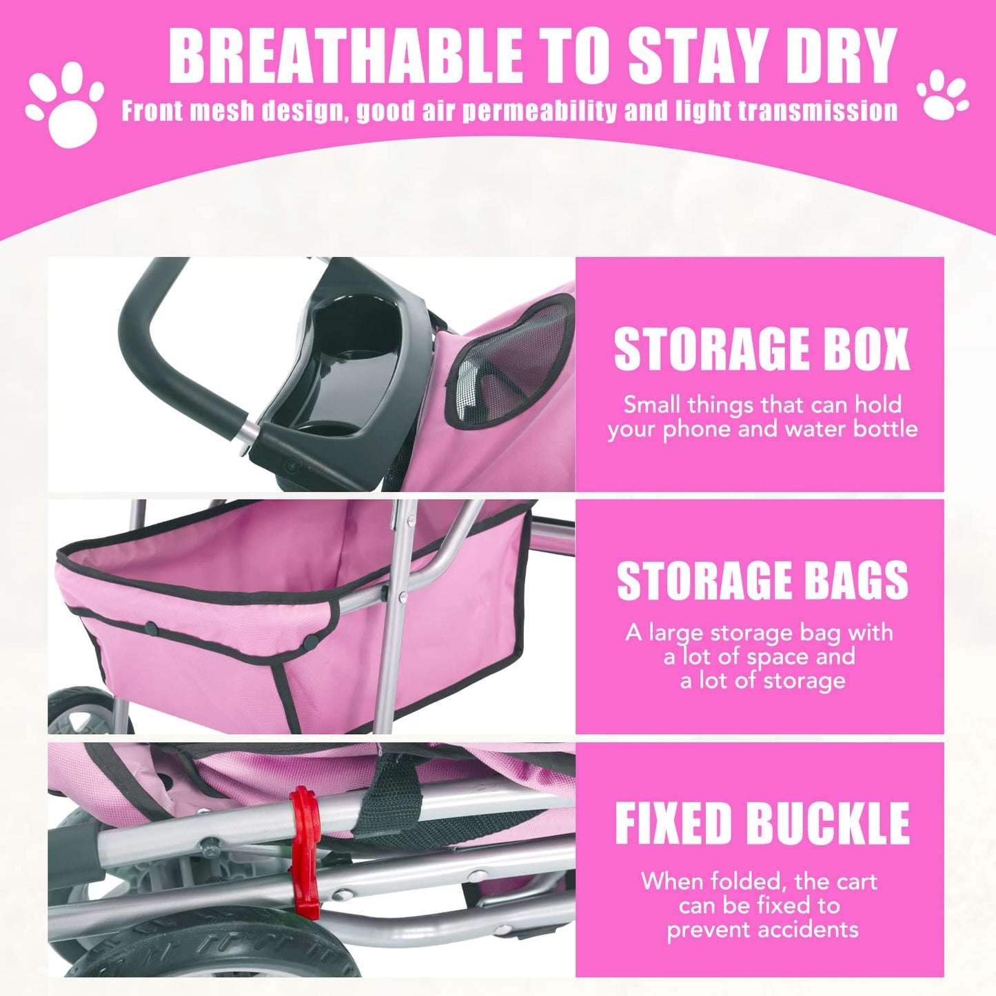 Dog Stroller, Folding 4 Wheels Pet Stroller for Small Medium Dog Cat Travel Carrier with Weather Cover Storage Basket Cup Holders Pink