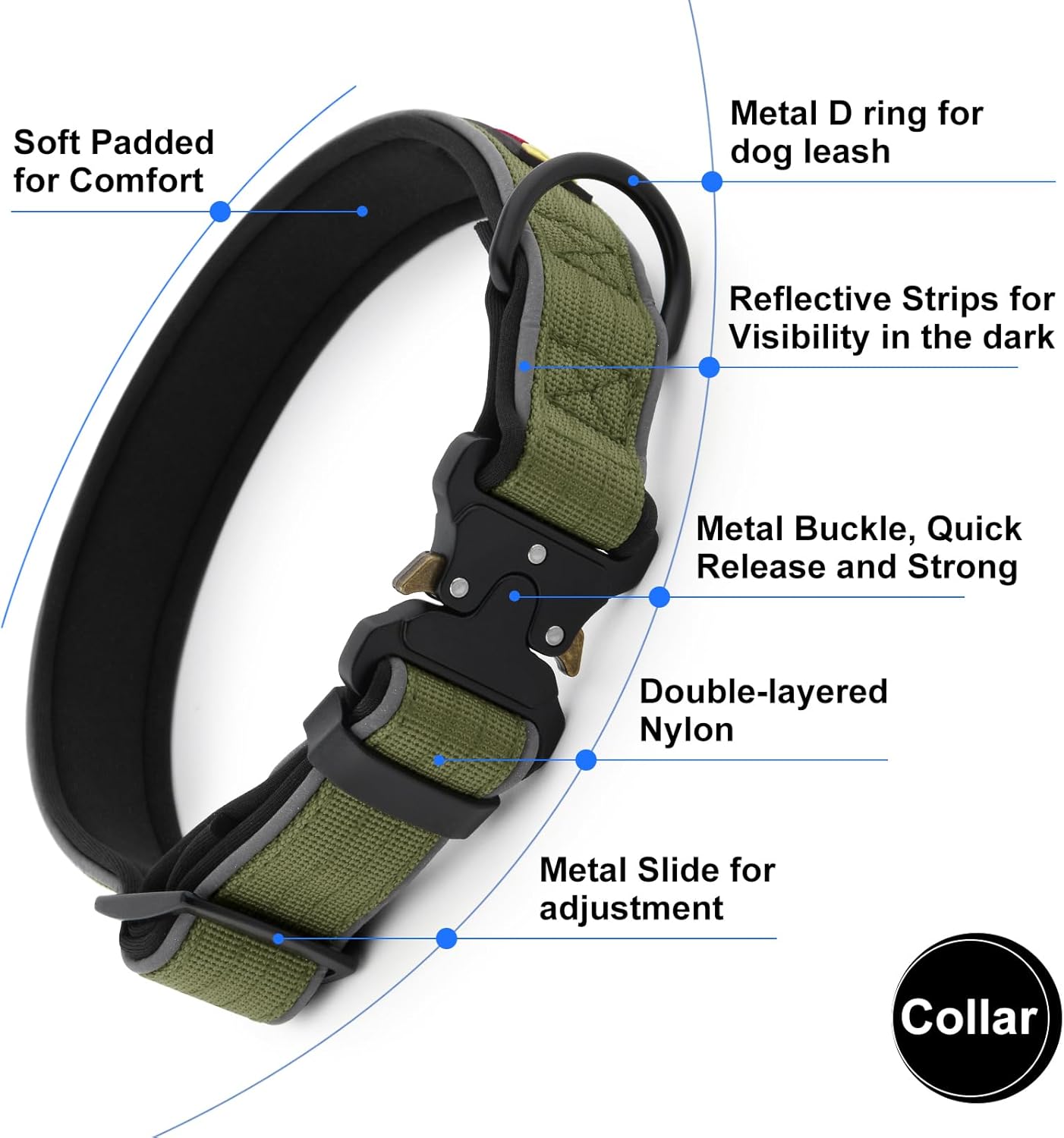 Plutus Pet Tactical Dog Collar, Reflective, Adjustable Heavy Duty Dog Collar, Soft Padded and Comfortable, for Small Medium and Large Dogs (Ranger Green, S)