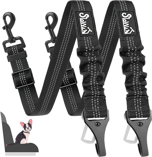 SlowTon Dog Seat Belt, Adjustable Dog Safety Belt Leash, 2 in 1 Latch Bar Attachment Dog Car Seatbelt with Elastic Nylon Bungee Buffer, Reflective Nylon Belt Tether Connect to Dog Harness (2Black)