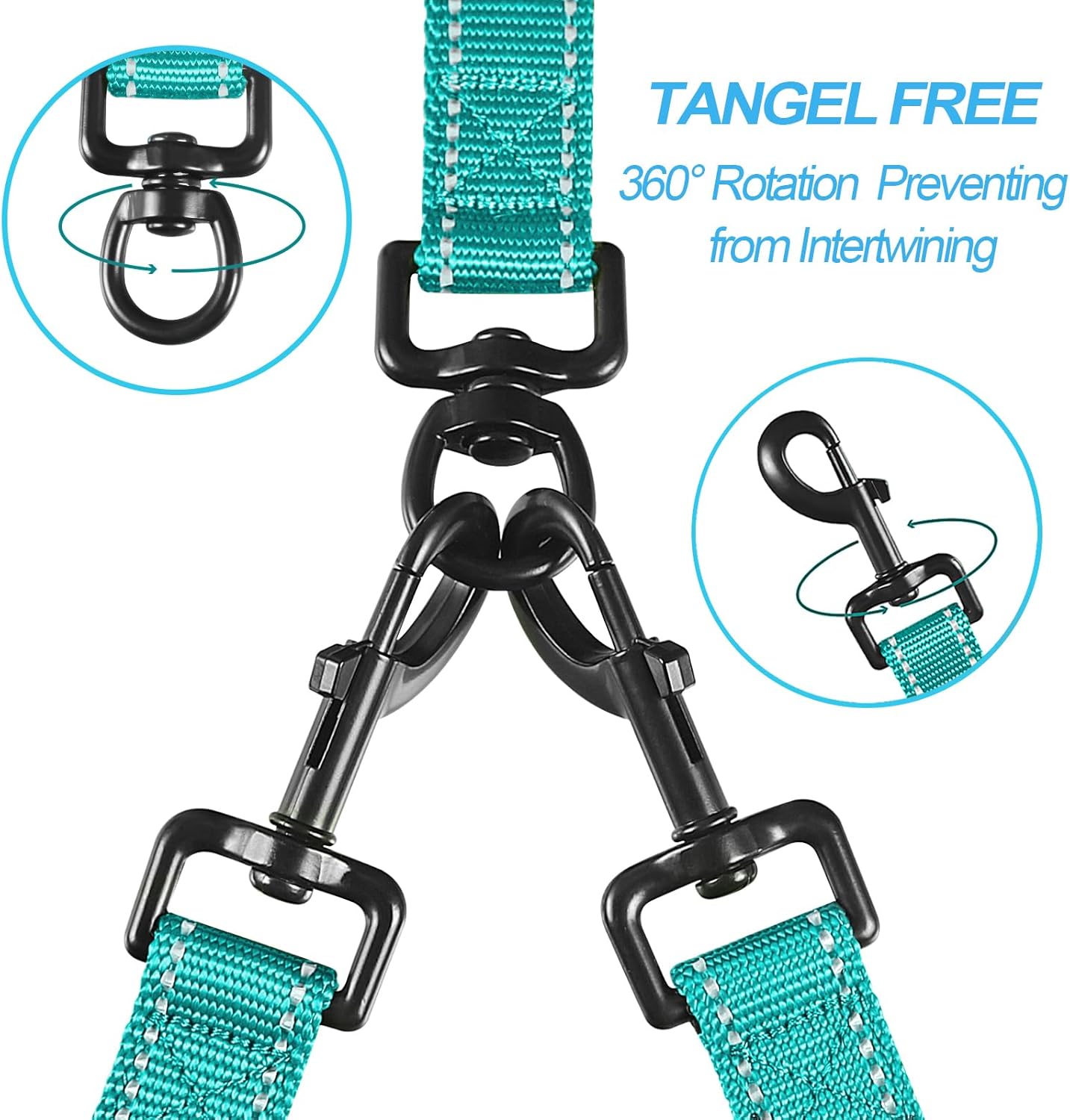 PetBonus Double Dog Leash, No Tangle Dual Leash, Reflective Walking Training Lead, 4 Comfortable Padded Handles for 2 Dogs with Collapsible Bowl and Waste Bags (Turquoise, Large)