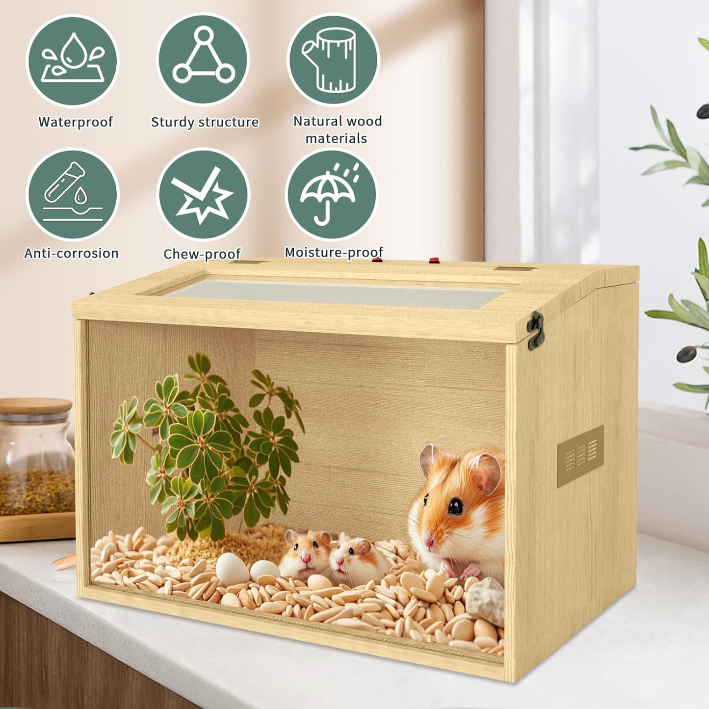 24" Hamster Cage, Top Opening Lockable Roof Door Gerbil Cage, Dwarf Hamster Cage with Hygrometer, Mice and Small Animal Habitat, Chewproof Syrian Hamster Enclosure, (Wooden, 24" L x 16" W x 16" H)