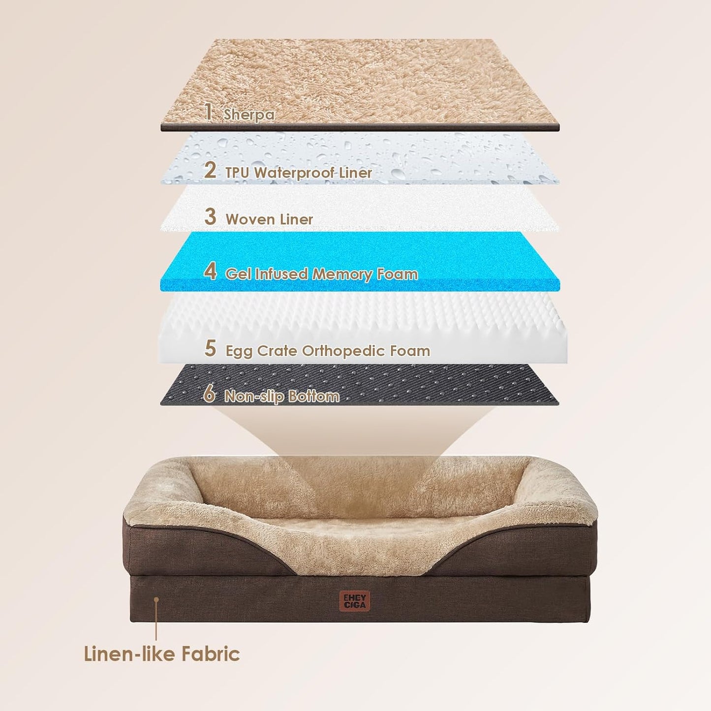 EHEYCIGA Memory Foam Dog Bed for Medium Size, Orthopedic Dog Sofa with Sides and Waterproof Liner, Washable Bolster Pet Couch with Removable Cover, 35x22x6.5 Inch, Brown