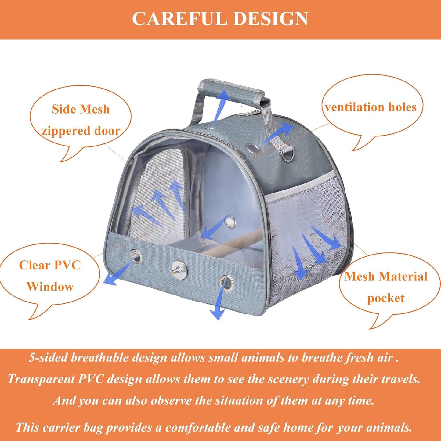 Bird Carrier Travel Cage with Stand (with Tray), Small Bird Travel Carrier for Parrot, Small Bird Cage for Travel Parakeet Carrier with Shoulder Strap, Side Access Window (Blue)