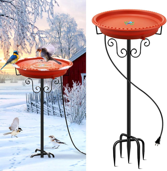 Heated Bird Baths for Outdoors for Winter, Lovppy 100W Heated Bird Bath Water Heater with Thermostatically Controlled, Heated Bird Baths Bowl with Metal Stake for Outside Garden Patio Yard (Brown)