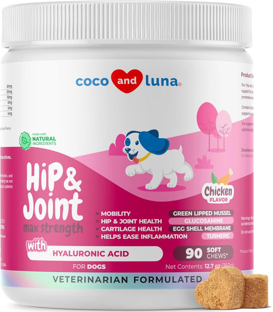 Hip and Joint Support for Dogs - Max Strength - 90 Soft Chews - with Green Lipped Mussel, Glucosamine, Turmeric, Fish Oil, MSM and Yucca Schidigera.